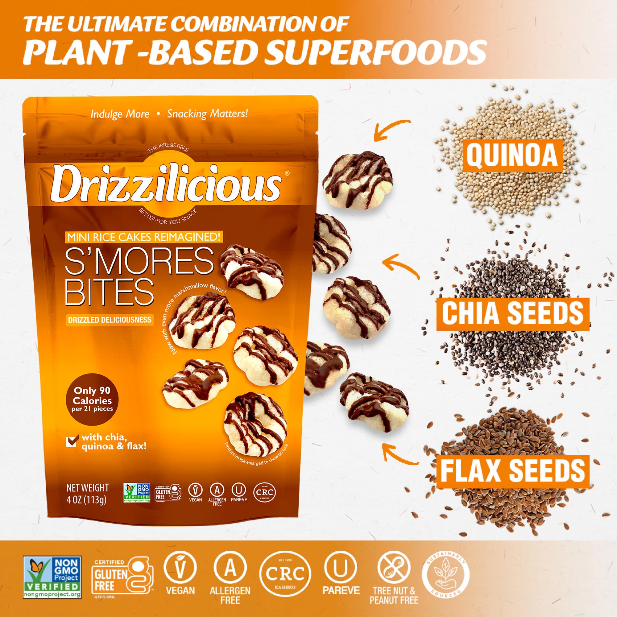Drizzilicious Mini Flavored Rice Cakes - Rice Crisps, Healthy Snack for Adults and Kids, Vegan, Gluten Free Snack, 90 Calories Per 21 Pieces, S'mores & Cinnamon Swirl - 4 oz (Pack of 6)