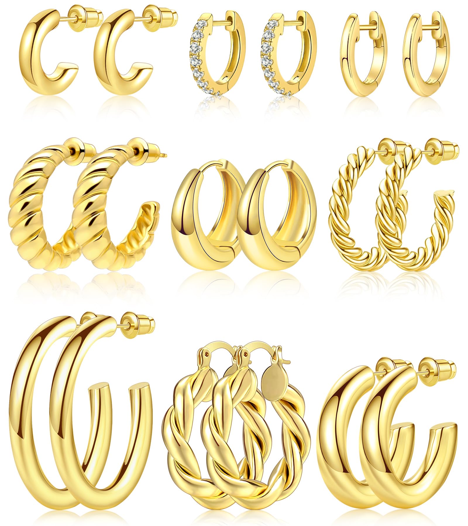 Adoyi 9 Pairs Gold Hoop Earrings Set for Womens Twisted Huggie Hoops Earrings 14K 18K Gold Plated for Girls Valentines Mother's Day Birthday Gifts Lightweight