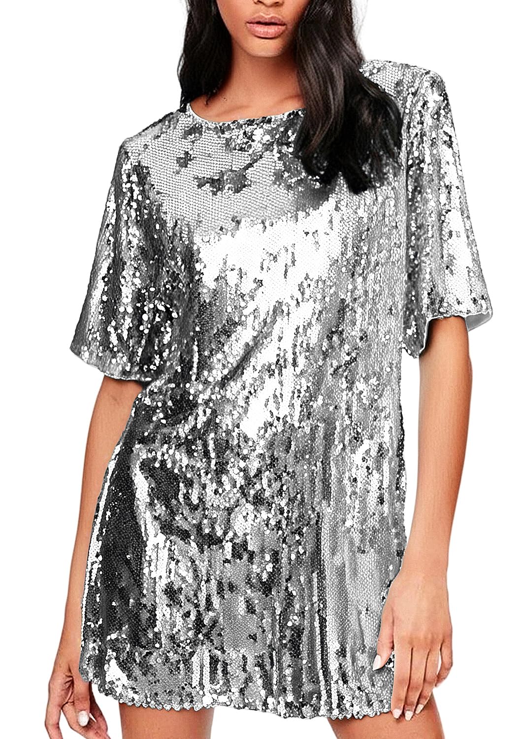 Women's Crew Neck Sequin Dress for Women Sexy V Neck Shirt Dress Sparkly Half Sleeve Loose Party Club Cocktail Dress