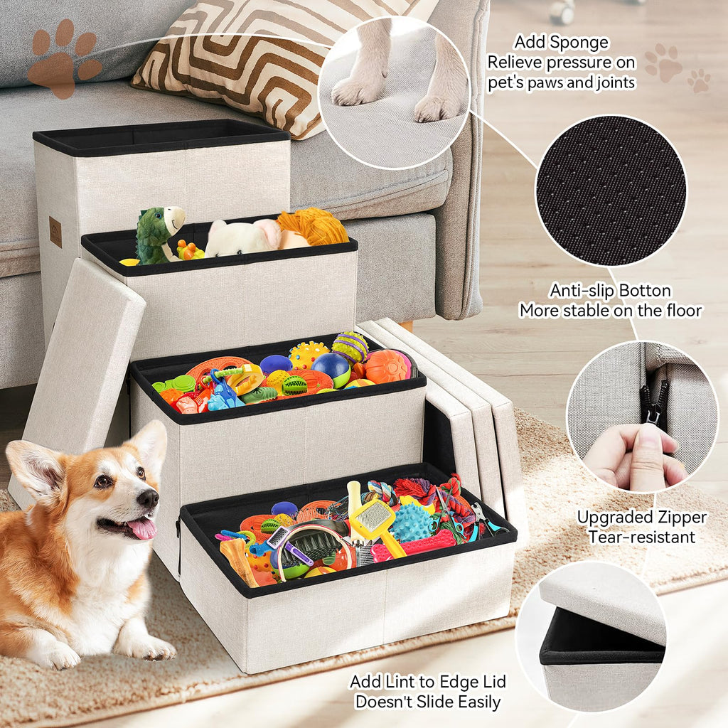 Zerbuger Dog Stairs with Condo 15" H, 2-Step Wider Dog Steps for Small/Medium/Large Old Dogs Cats, Folding Sturdy Storage Pet Stairs Climbing Bed Couch, Ramp for Car Hold Up to 150 lbs, Beige