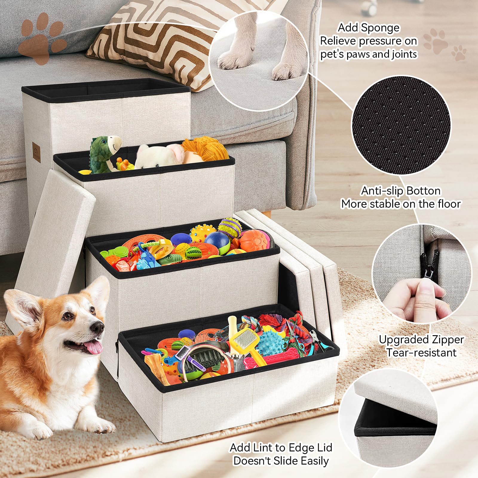 Zerbuger Dog Stairs with Condo 15" H, 2-Step Wider Dog Steps for Small/Medium/Large Old Dogs Cats, Folding Sturdy Storage Pet Stairs Climbing Bed Couch, Ramp for Car Hold Up to 150 lbs, Beige