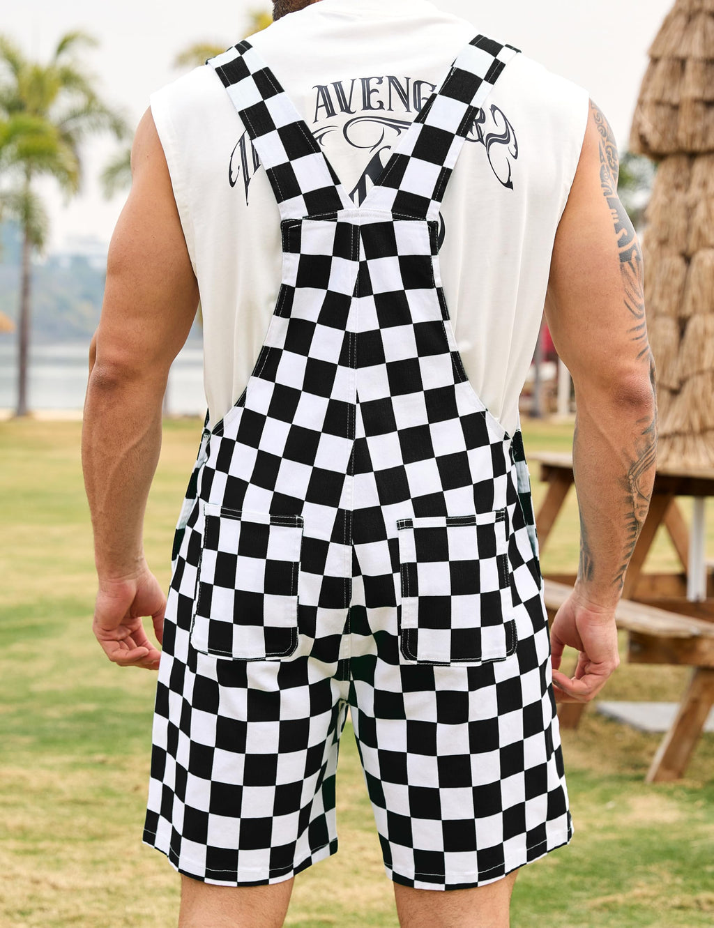 Odefou Checkered Bib Overalls for Men Jumpsuit Shorts Work Coveralls