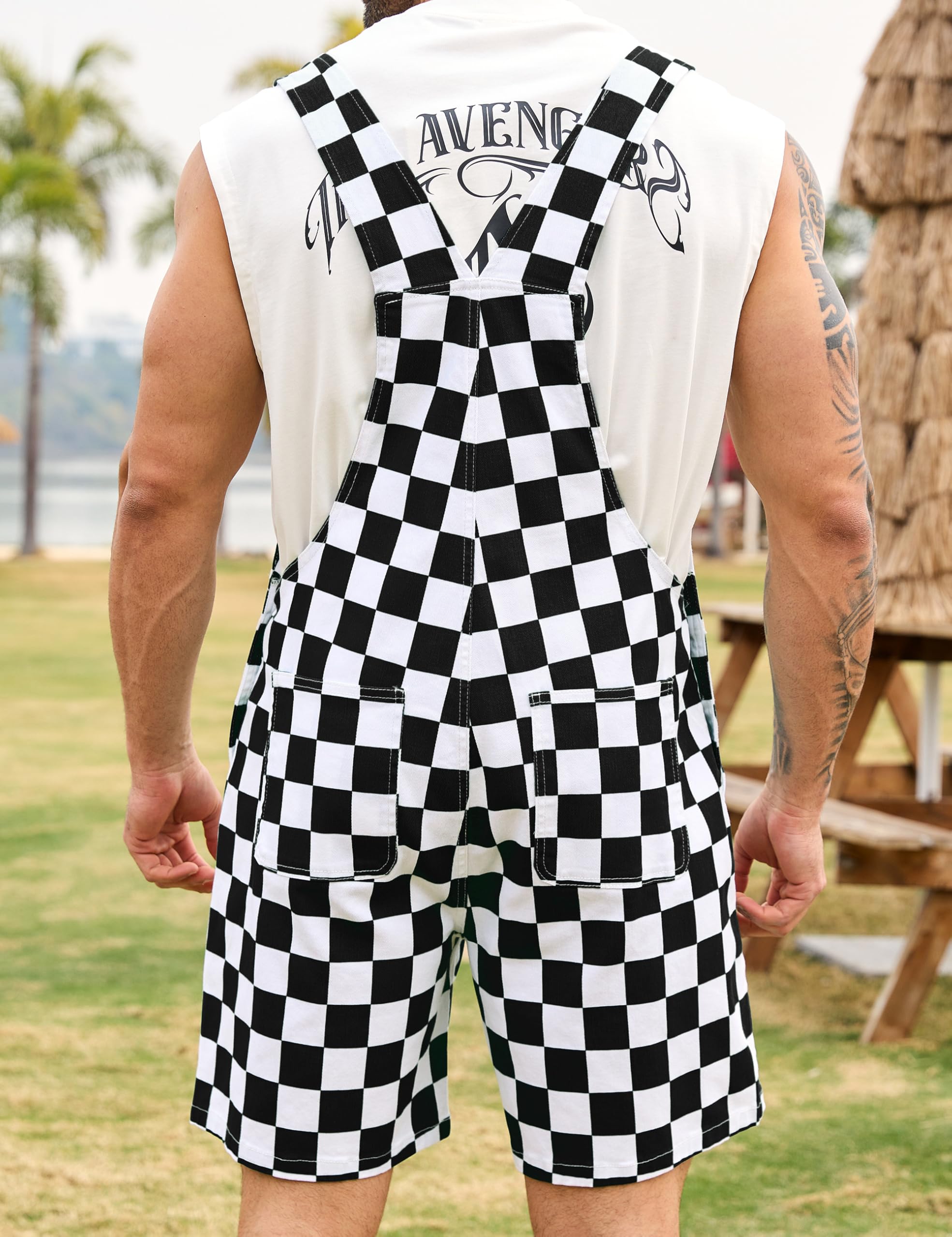Odefou Checkered Bib Overalls for Men Jumpsuit Shorts Work Coveralls