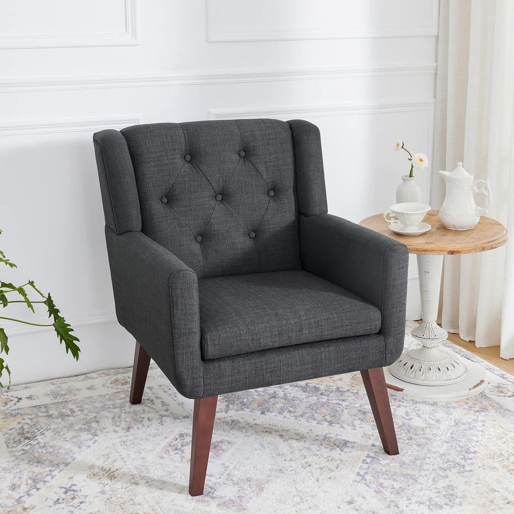 Living&Giving Accent Chair Button-Tufted Upholstered Living Room Chairs Comfy Reading Mid Century Modern with Linen Fabric Lounge Arm for Bedroom (Beige) 29.33D x 28.94W x 34.65H Inch