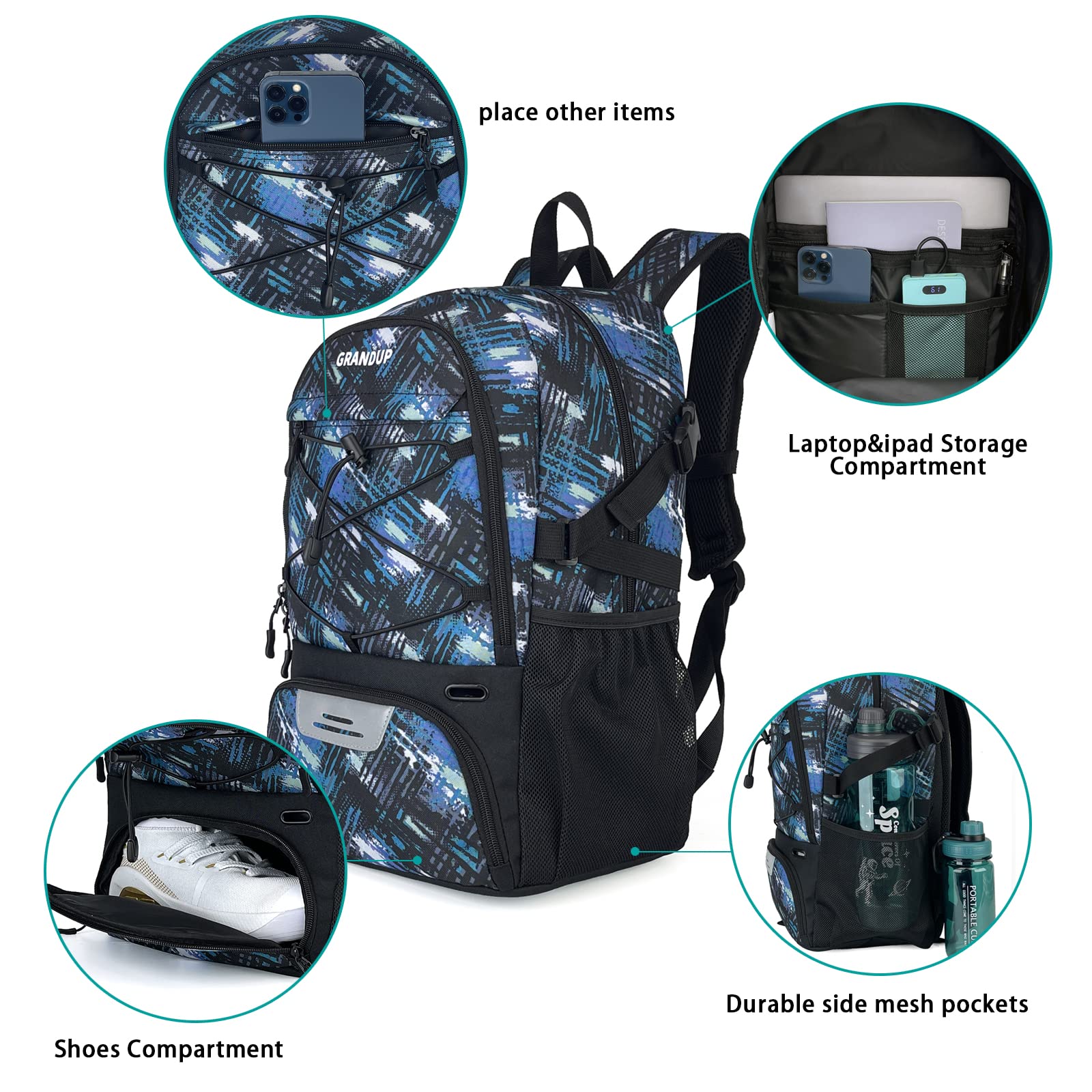 GRANDUP Basketball backpack with ball and shoes compartment Fit Volleyball, soccer, Swim, Gym, Travel, and School, large capacity sports training equipment bags