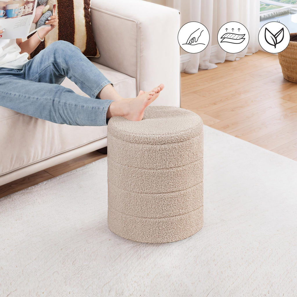 PINPLUS Round Storage Ottoman Foot Rest Stool with Tray Velvet Sherpa Folding Storage Ottoman,Boucle Foot Rest for Living Room, Bedroom, Dorm（Beige）