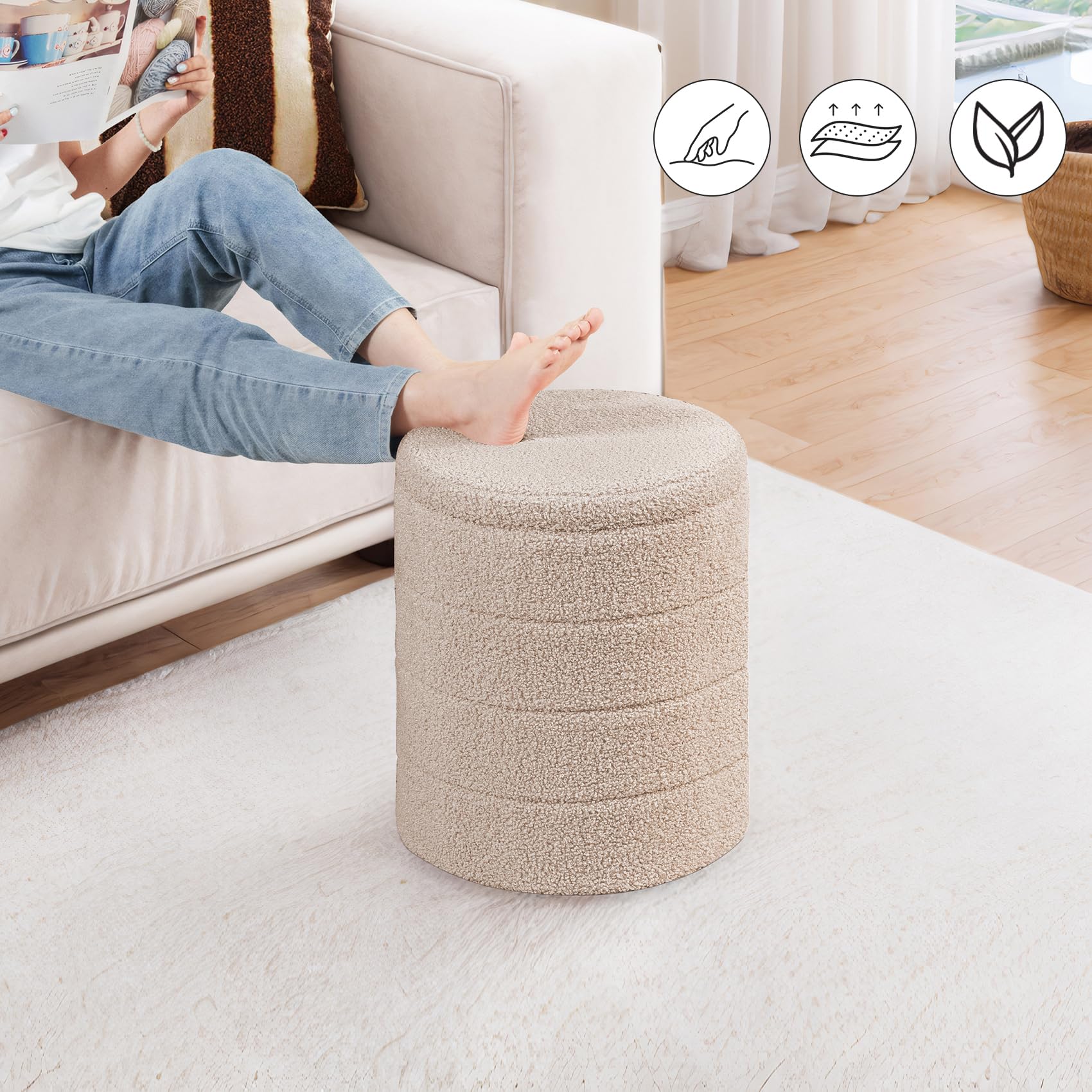 PINPLUS Round Storage Ottoman Foot Rest Stool with Tray Velvet Sherpa Folding Storage Ottoman,Boucle Foot Rest for Living Room, Bedroom, Dorm（Beige）