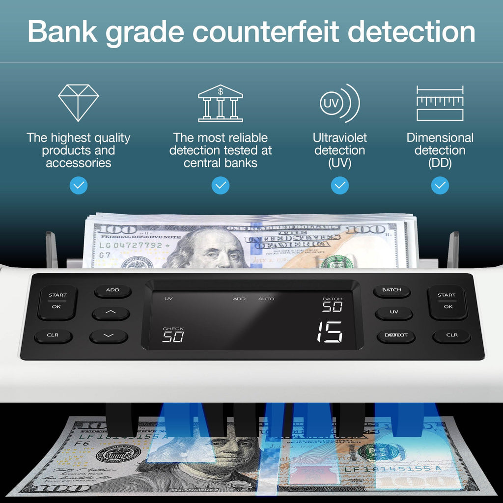 Safescan 2210 Money Counter Machine with Counterfeit Detection, Add/Batch Modes, LCD-Display, High-Speed Counts 1,000 bills per minute, 2 Point Counterfeit Check - Sorted Counter for All Currencies