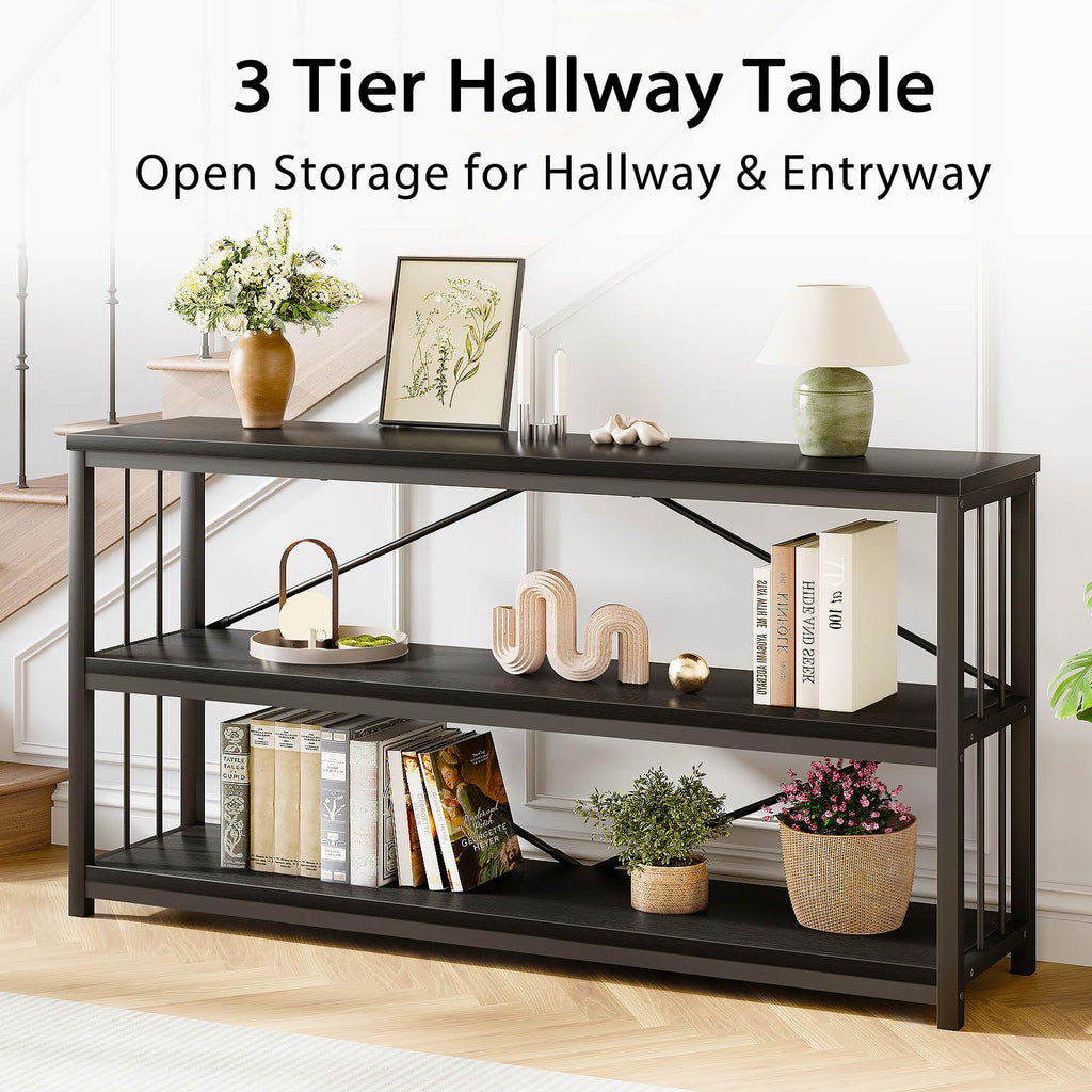 LVB Black Console Table, Modern Entryway Table for Hallway Living Room, Industrial Sofa Table Behind Couch, Farmhouse Wooden Metal Entry Table for Foyer with 3-Tier Storage Shelves, Black Oak, 55 Inch