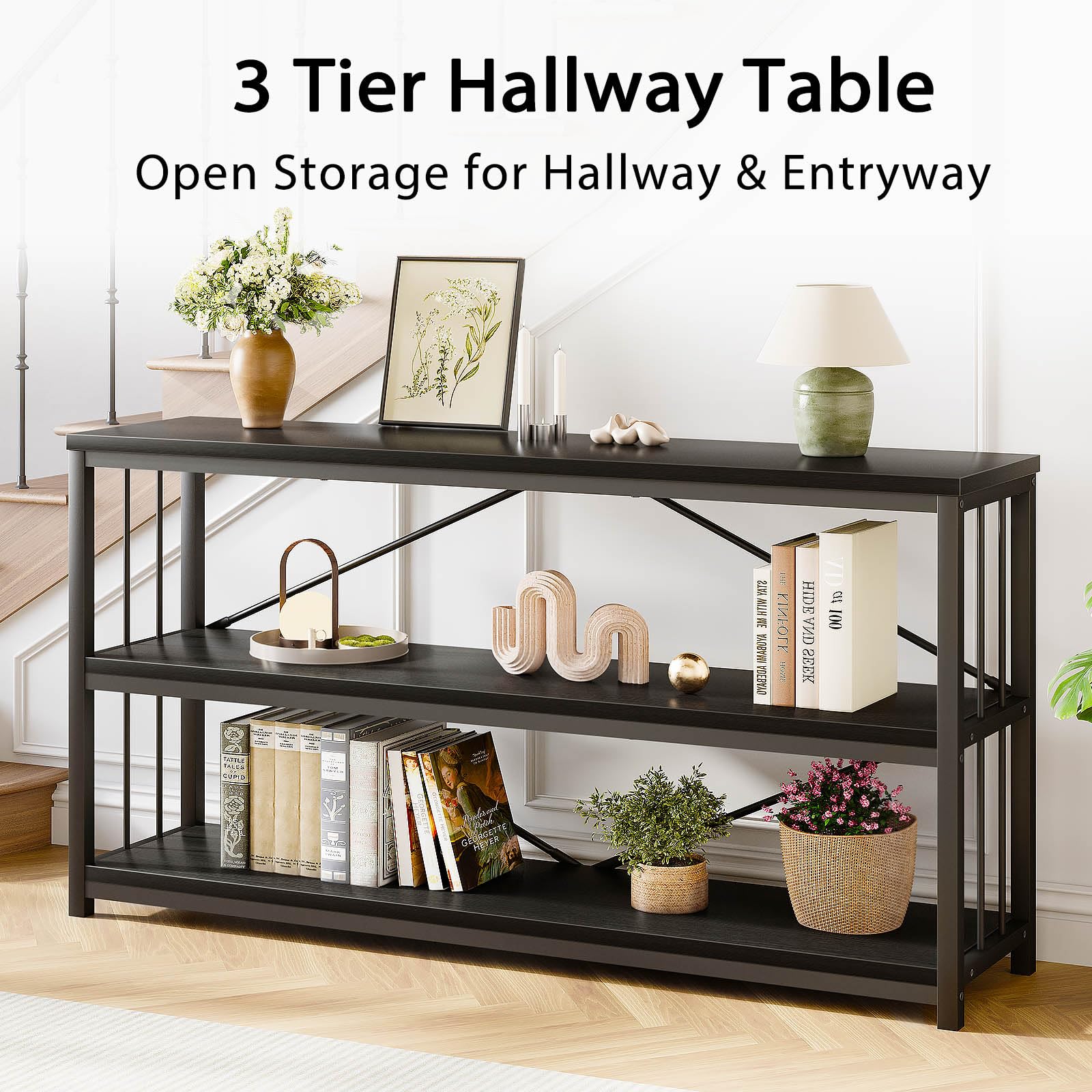 LVB Black Console Table, Modern Entryway Table for Hallway Living Room, Industrial Sofa Table Behind Couch, Farmhouse Wooden Metal Entry Table for Foyer with 3-Tier Storage Shelves, Black Oak, 55 Inch