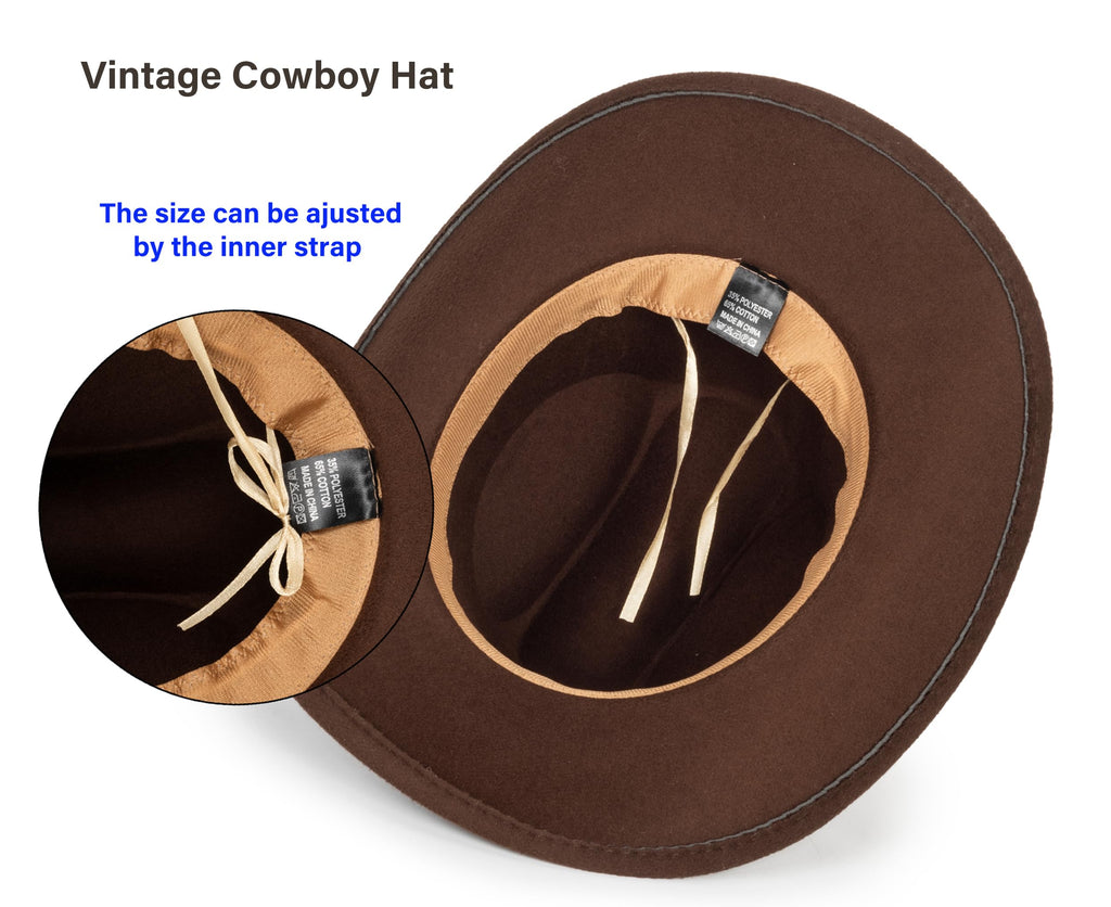 Vintage Western Cowboy Hat for Men Women - Wide Brim Cowgirl Fedora Hats with Braided Rope Band M