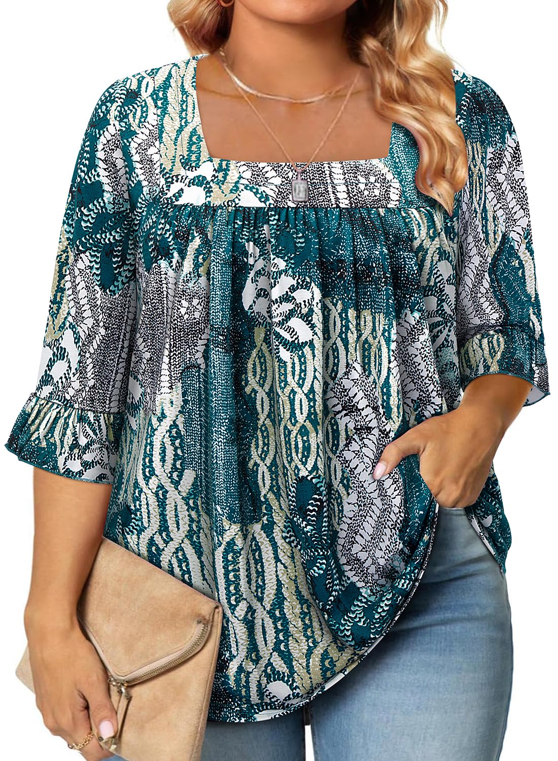Siddhe Womens Plus Size Tops Loose Fit 3/4 Ruffle Sleeve Blouses Square Neck T Shirt Casual Tunic Tops(1X-5X)