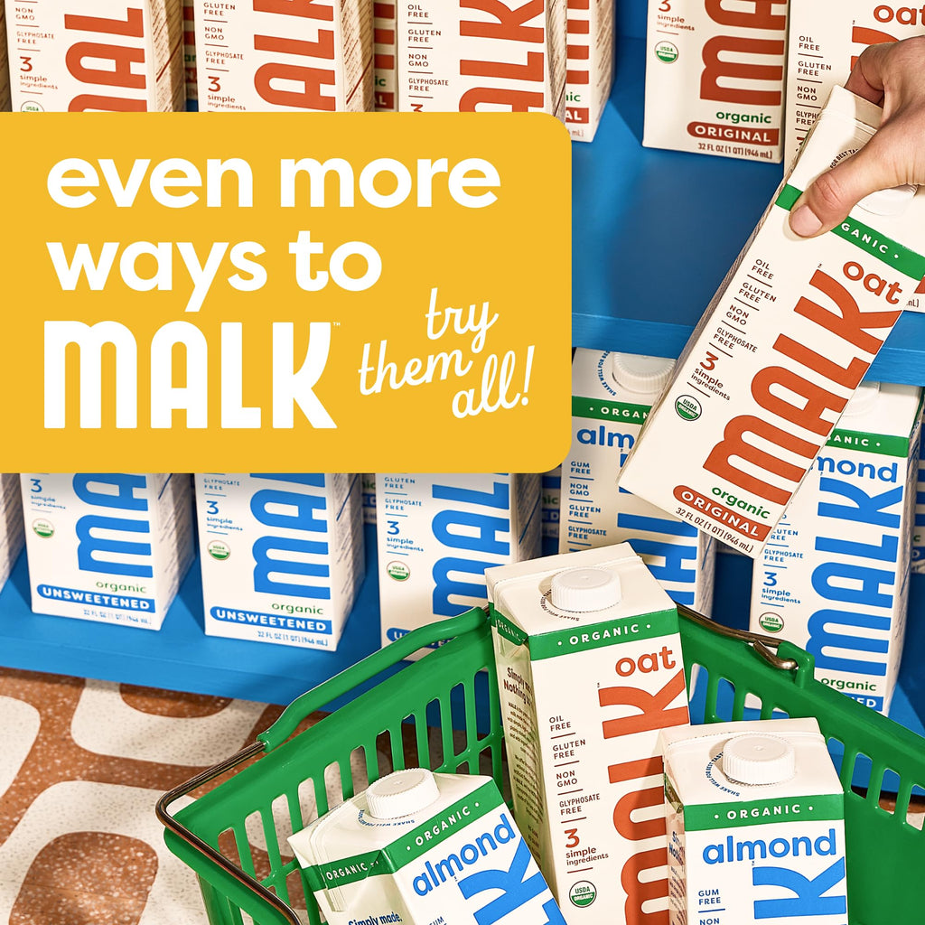 MALK Almond Milk Unsweetened (32oz, Pack of 6) - Shelf Stable Organic Almond Milk, Non GMO, Whole 30, Dairy Free, Vegan, Plant Based, No Gums or Fillers - Malk for Smoothies, Cereal, Coffee,Creamer