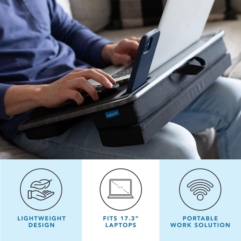 LAPGEAR Extra Large Adjustable Lap Desk – Fits Laptops up to 17.3”, Adjustable Cushion, Memory Foam Wrist Rest, Mouse Pad, Device Ledge, & Phone Slot – Black Carbon - Style No. 88108