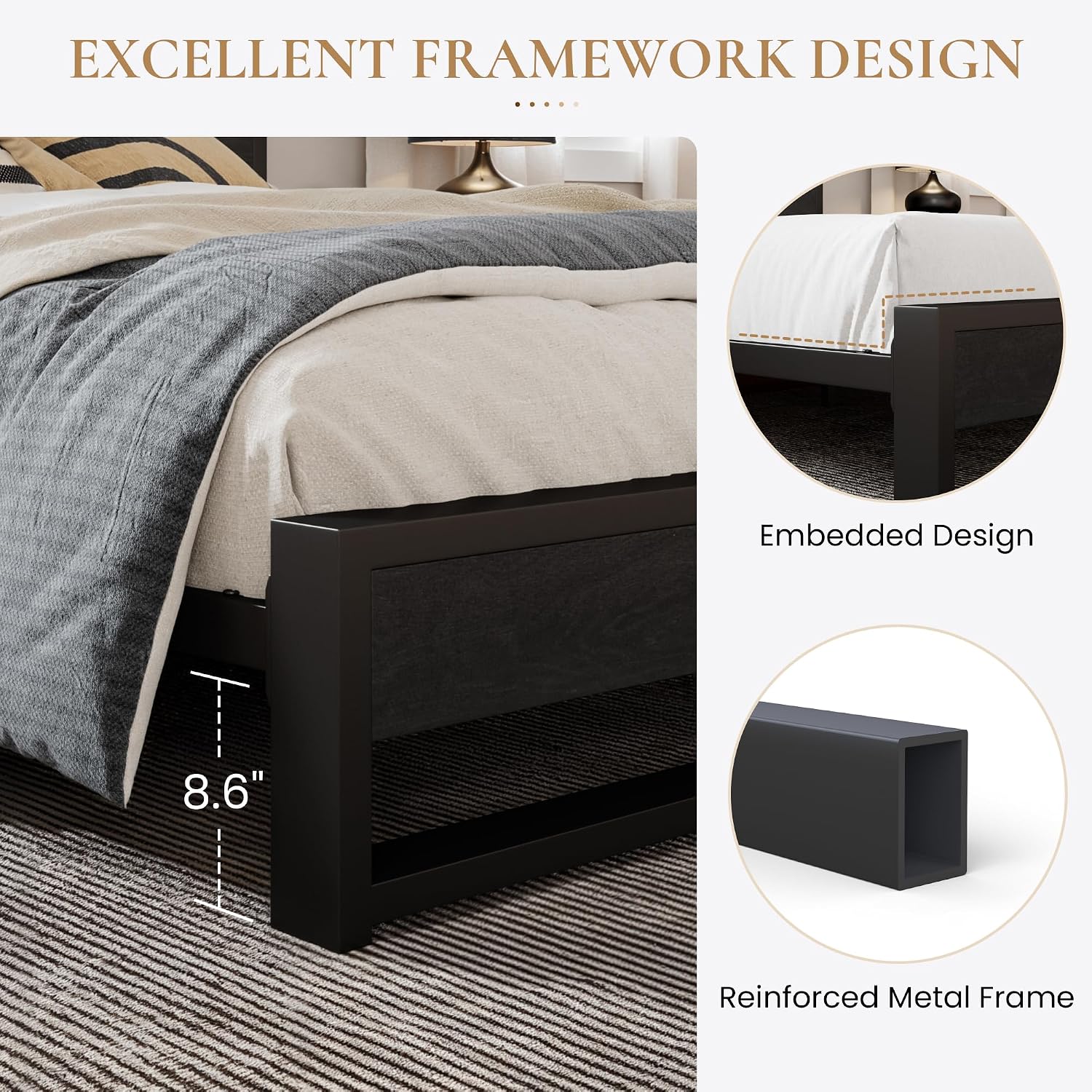 SHA CERLIN Full Size Bed Frame with Wooden Headboard,Heavy Duty Metal Slats Support Platform,No Box Spring Needed,Modern Black