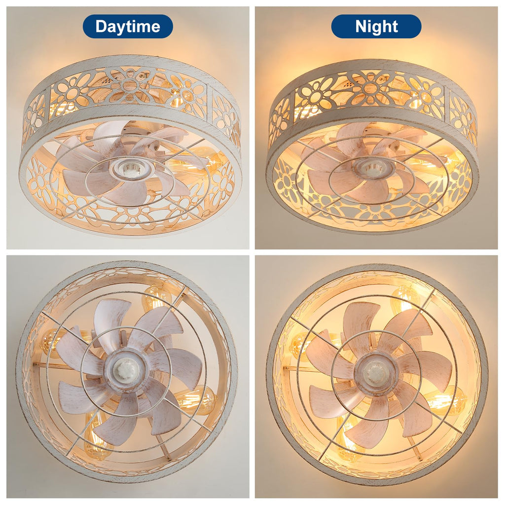 ZYD Caged Ceiling Fan with Light, 20" Ceiling Fan with Lights and Remote Flush Mount, Bladeless Caged Ceiling Fans with Lights, Matte Black Rustic Fan for Bedroom, Kitchen, Dining Room