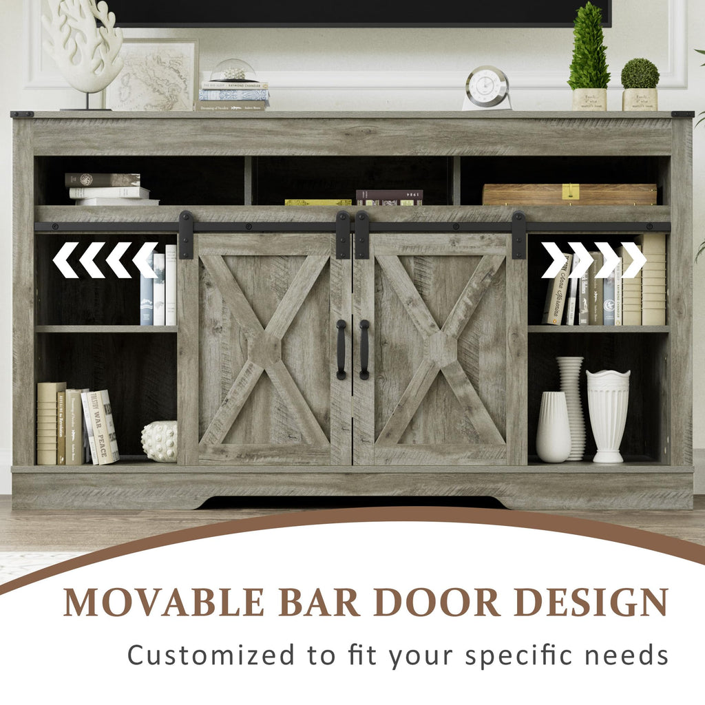 FansaFurn Farmhouse TV Stand for 65+ Inch TV, 34'' Tall Entertainment Center with Sliding Barn Doors, Rustic Wood Media Console Storage Cabinet Television Stand for Living Room, Bedroom (Black)