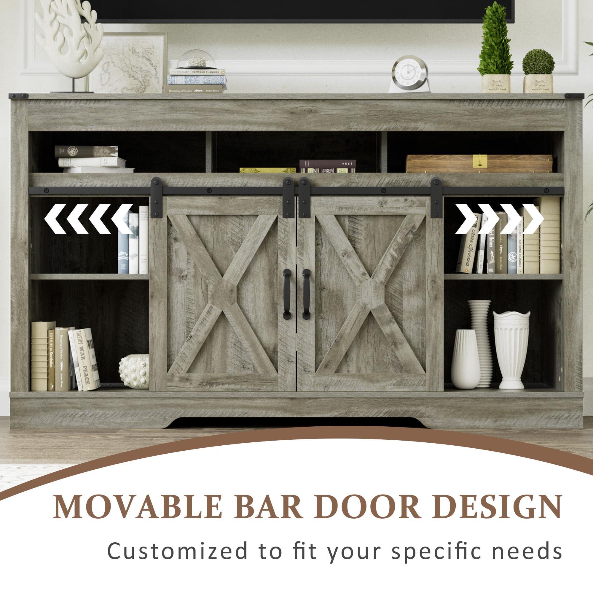 FansaFurn Farmhouse TV Stand for 65+ Inch TV, 34'' Tall Entertainment Center with Sliding Barn Doors, Rustic Wood Media Console Storage Cabinet Television Stand for Living Room, Bedroom (Black)