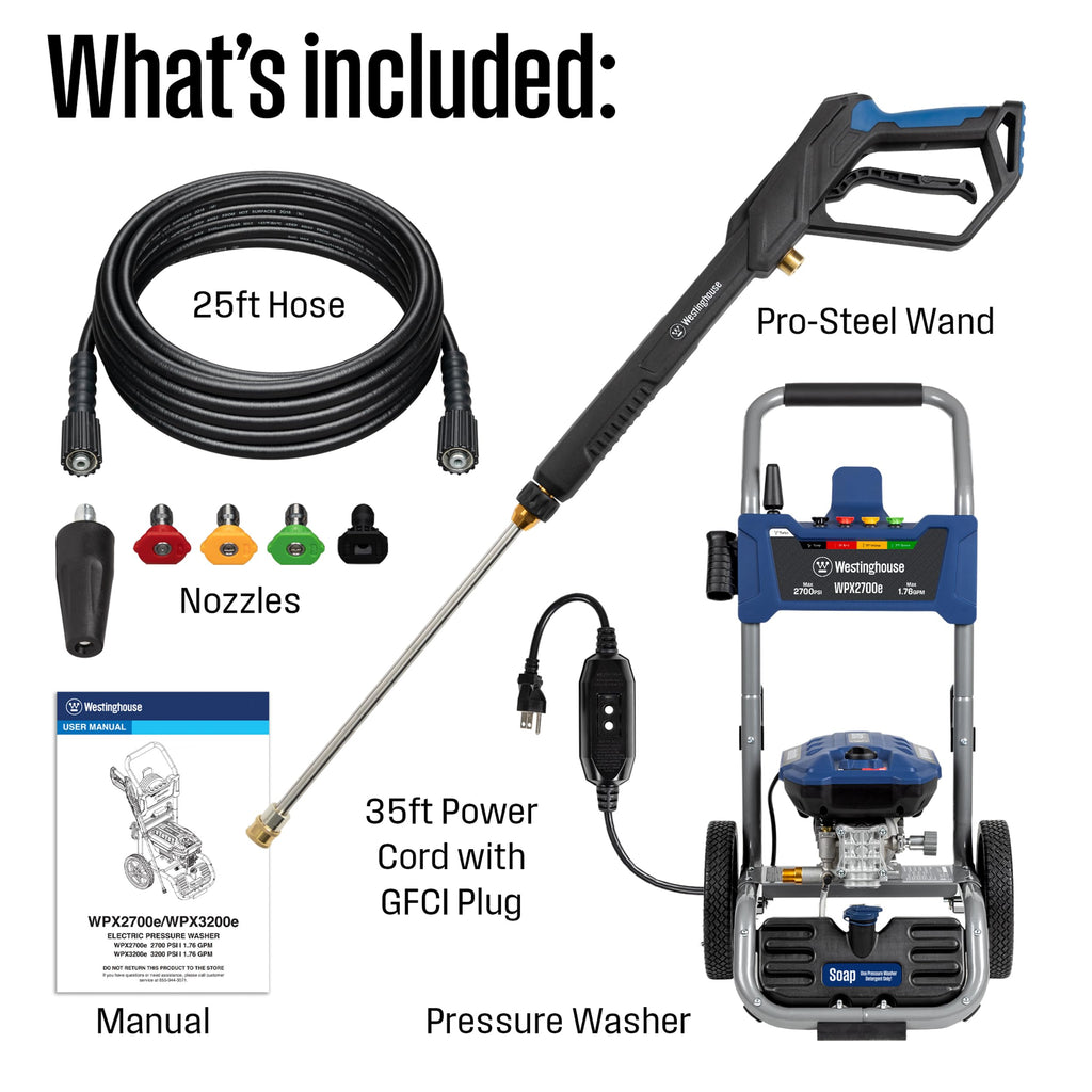 Westinghouse WPX2300e Electric Pressure Washer, 2300 Max PSI and 1.76 Max GPM, Induction Motor, Onboard Soap Tank, Spray Gun and Wand, 5 Nozzle Set, for Cars/Fences/Driveways/Homes/Patios/Furniture