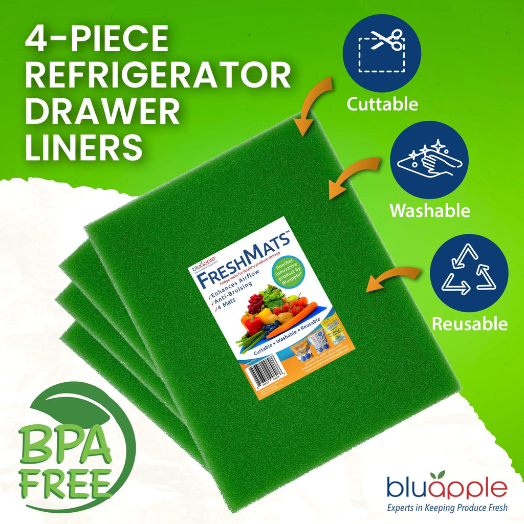 Bluapple FreshMats, Refrigerator Bin Liner, Fridge Drawer Mats, Crisper Life Extender Liner Keeps Produce Fresh Longer, Anti-Bruising, for Air Circulation, Washable & Reusable (4-Mats, 12x15, Black)
