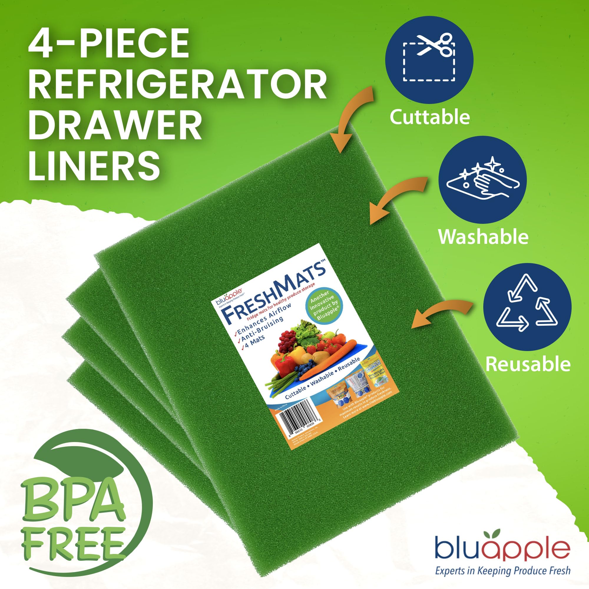 Bluapple FreshMats, Refrigerator Bin Liner, Fridge Drawer Mats, Crisper Life Extender Liner Keeps Produce Fresh Longer, Anti-Bruising, for Air Circulation, Washable & Reusable (4-Mats, 12x15, Black)