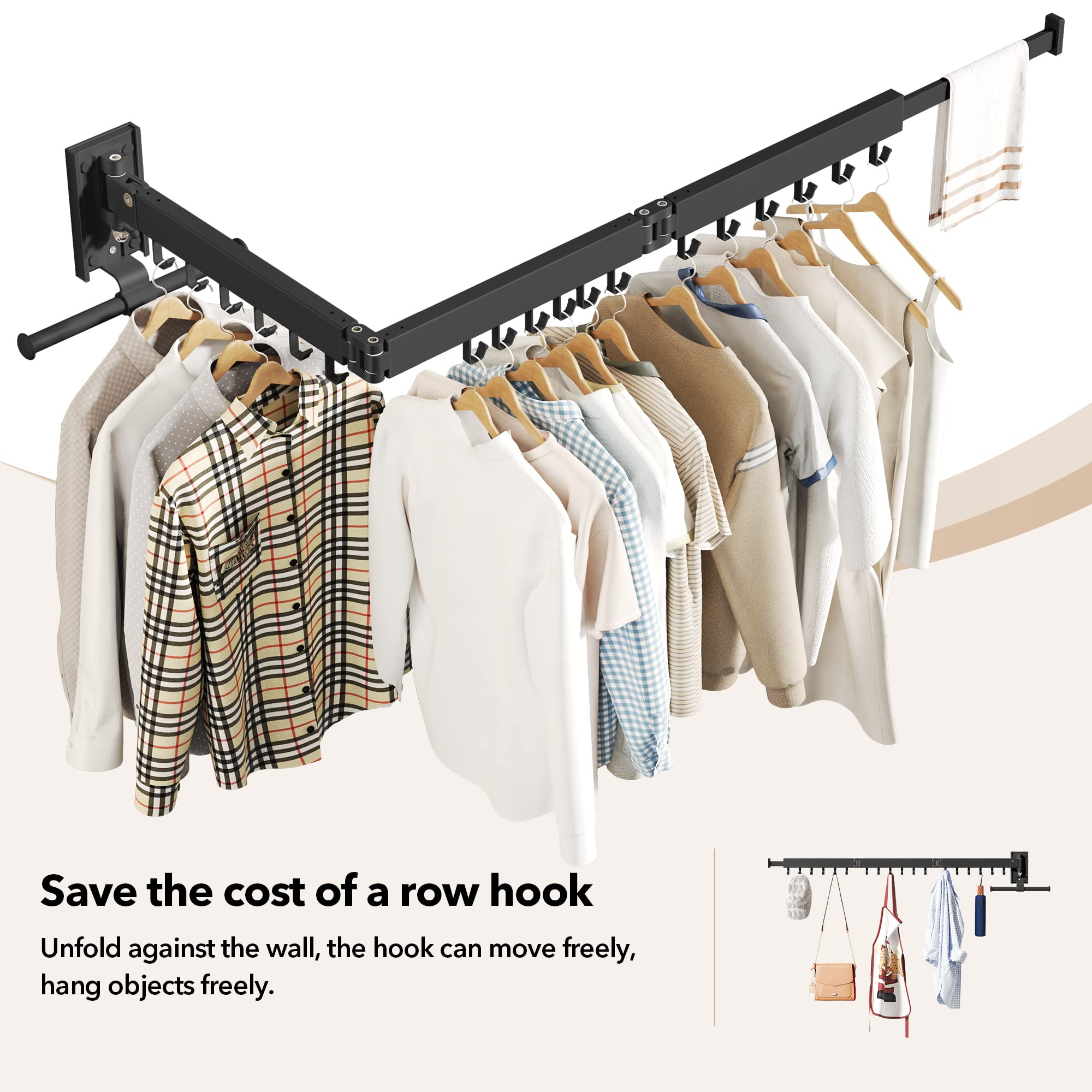 HEILAIYI Clothes Drying Rack for Laundry,Wall Mounted Clothes Hanger Rack,Folding,Retractable,Collapsible(J Shape Hooks)