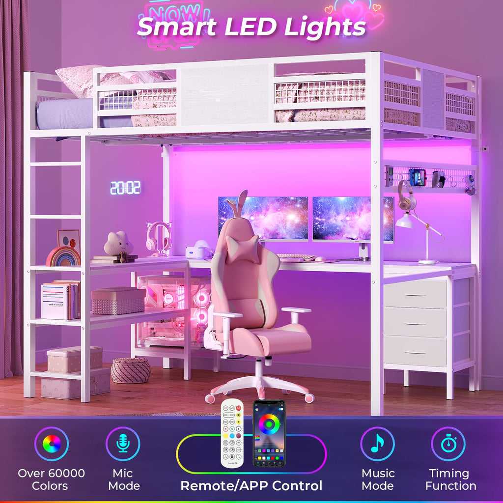ADORNEVE Loft Bed Full Size with L-Shaped Desk, 3 Storage Drawers, Power Outlet, 3 Storage Shelves, Metal Loft Bed Frame with RGB Lights, Bed with Safety Guardrail & Ladders,Space-Saving, Grey