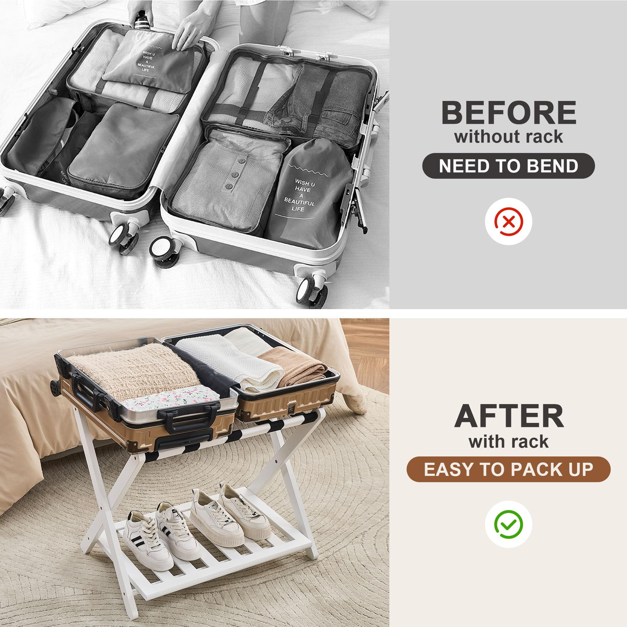 oakvivo Fully Assembled Black Luggage Rack for Guest Room, Bamboo Foldable Suitcase Stand with 5 Nylon Straps, Upgraded Luggage Rack Holder with Shelf for Bedroom Hotel, Holds up to 165 Lbs, 1pcs