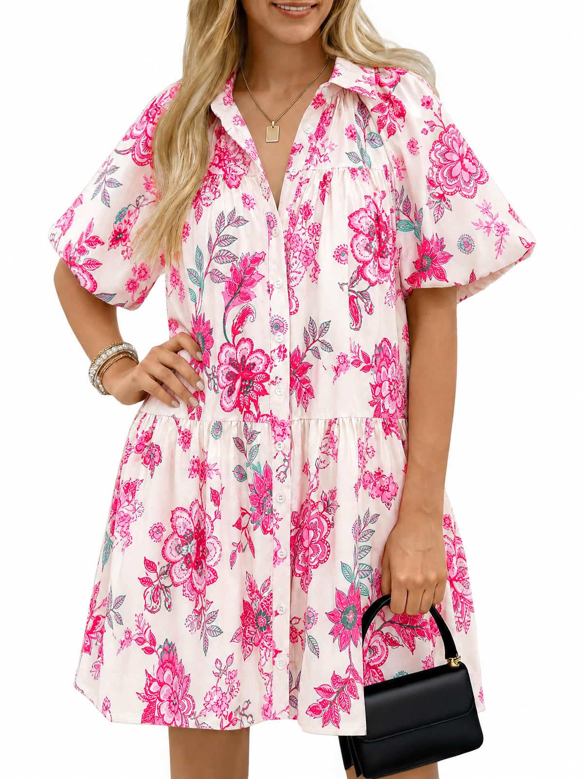 Wenrine Women's Summer Button Down Shirt Dress Floral Puff Short Sleeve Casual Loose Fit Beach Mini Dresses