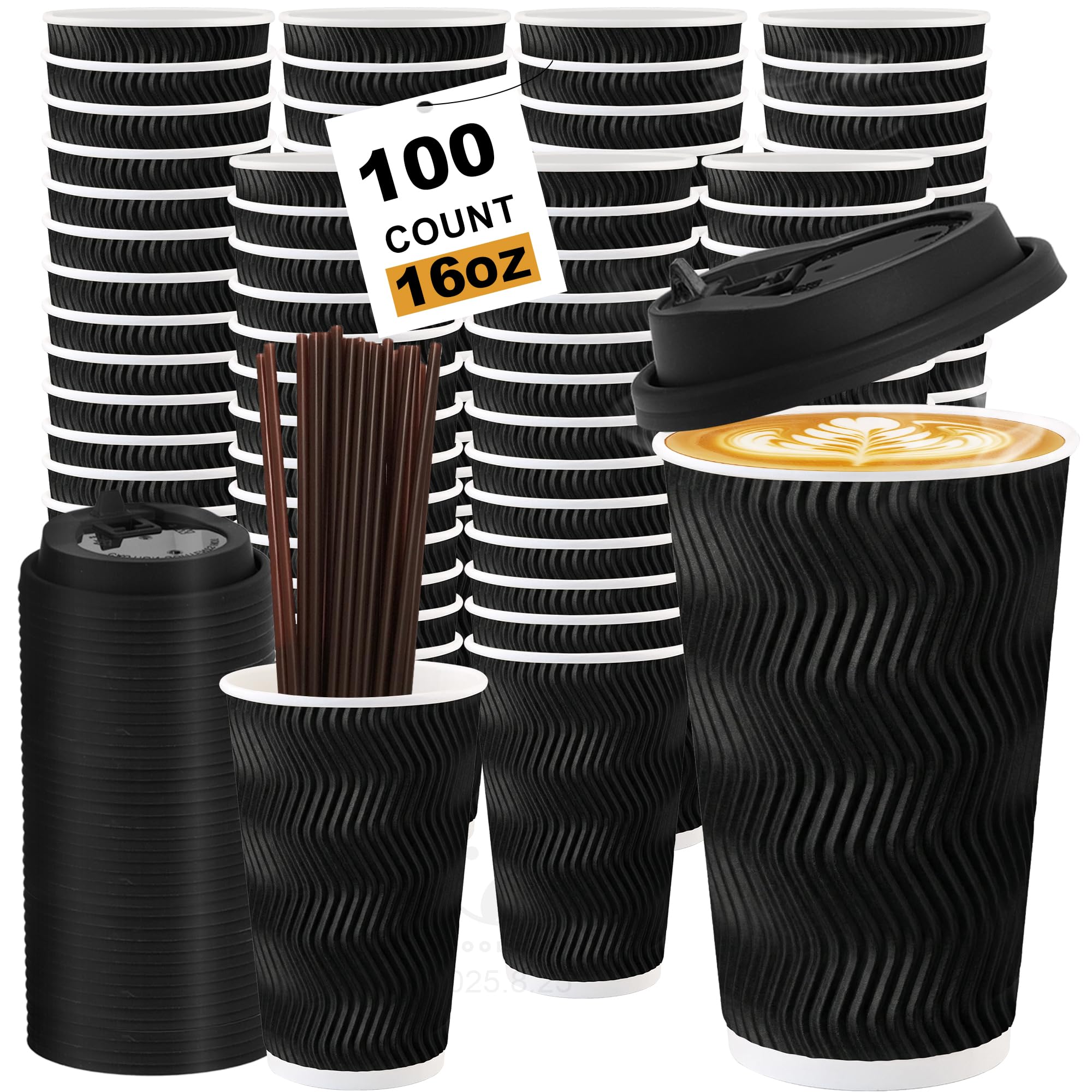 16 oz 100 Pack Corrugated Ripple Wall Disposable Coffee Cups with Lids and Straws, Heavy Duty Insulated Cups for Hot Beverage or Cold Drinks, Bulk for Restaurants, Offices, Coffee Shops(Black)