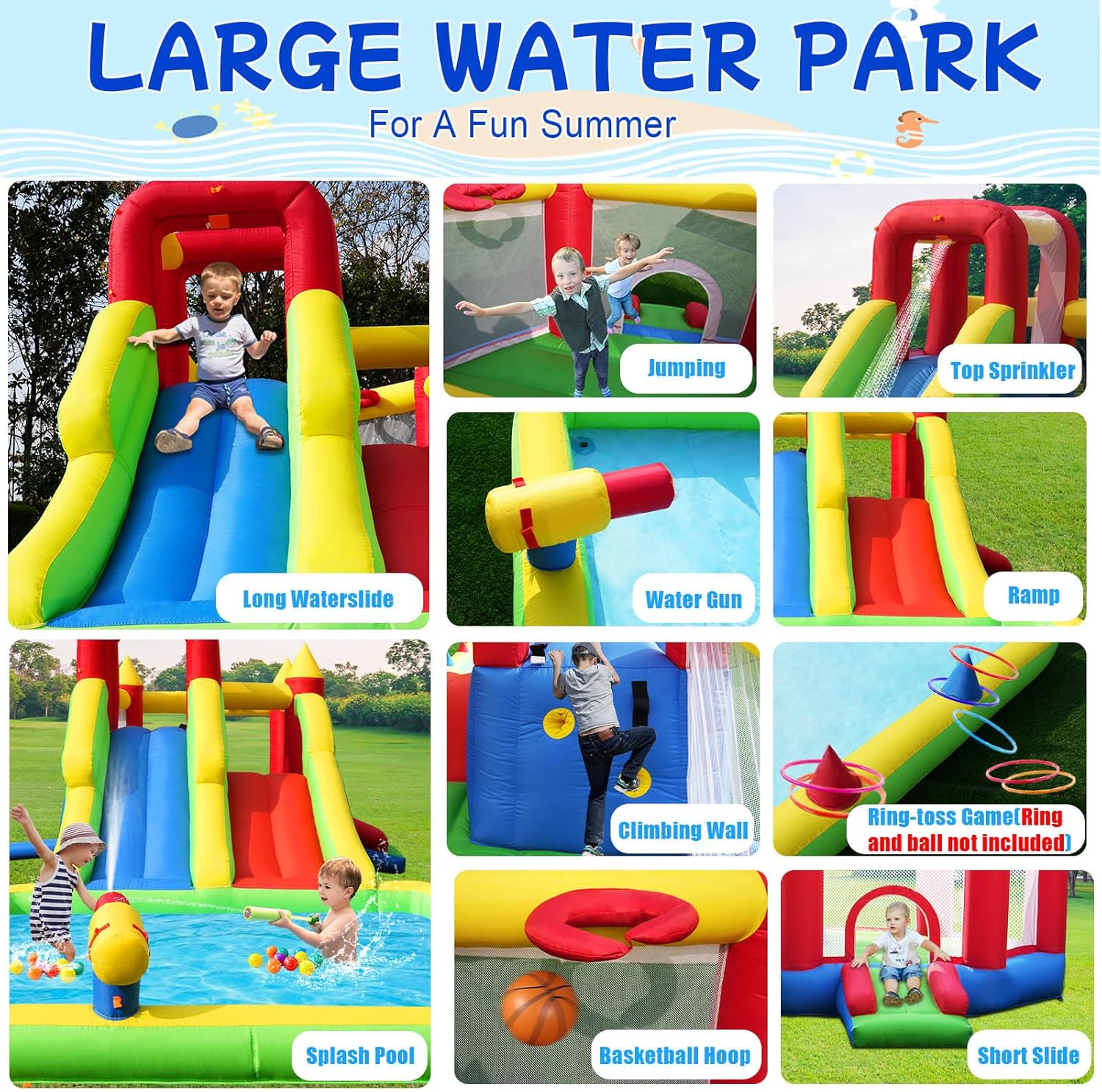 Umbalir 10-in-1 Inflatable Water Park - Giant Bounce House with 2 Water Slides, Big Splash Pool, Water Cannons, Climbing Wall, Tunnels & Obstacle Course for Endless Fun