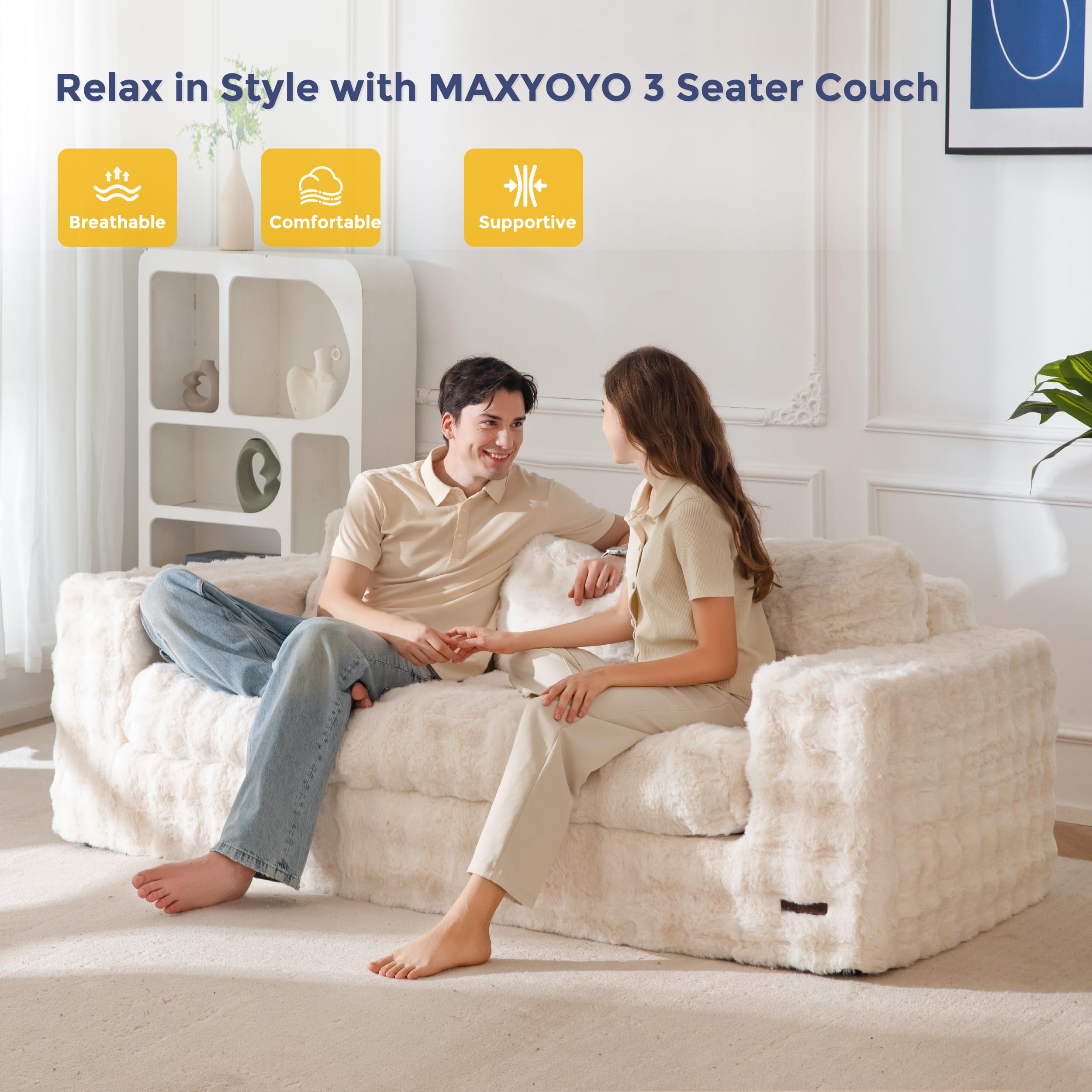 MAXYOYO 3 Seater Sofa Couch for Living Room, Tufted Boneless Couch Sofa Couch, Comfy Bubbled Bean Bag Chair for Apartment, No Assembly Needed, Beige
