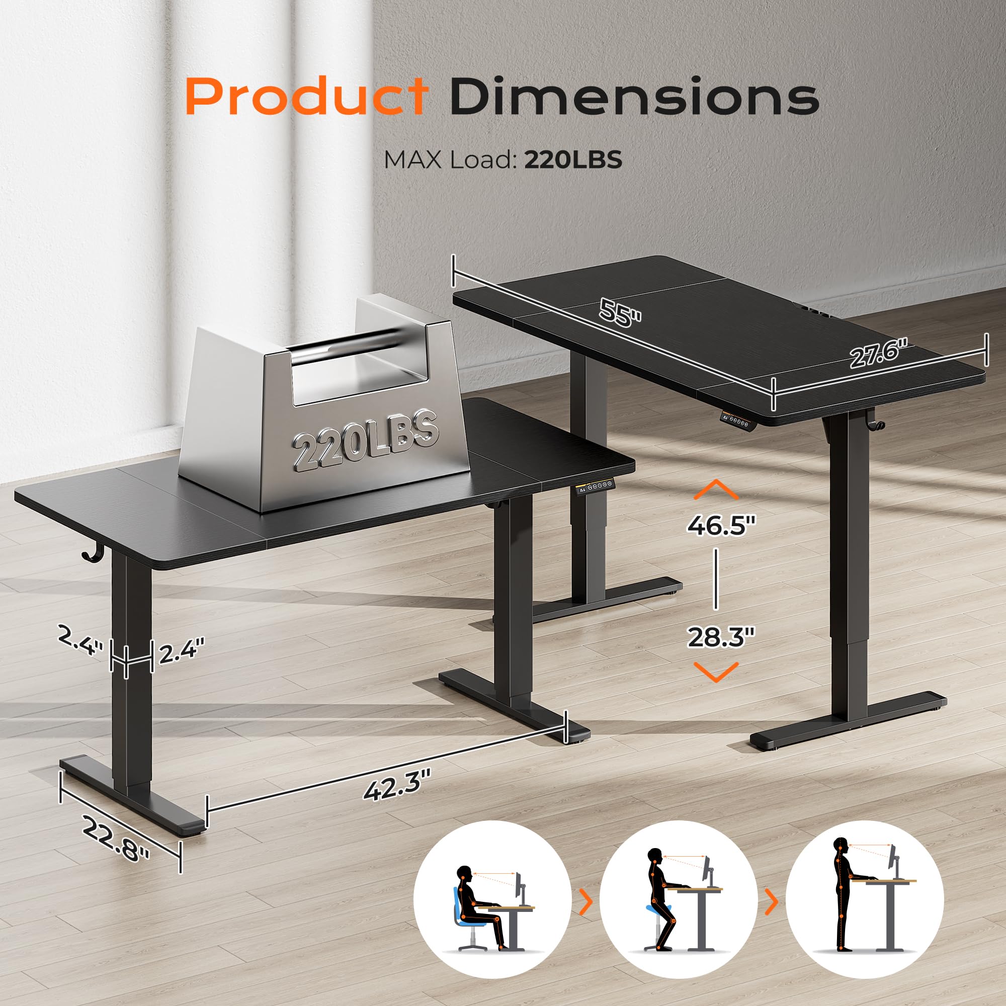 Huuger 48 x 28 Large Electric Standing Desk, Height Adjustable Desk, 27.6" Deep Desktop, Stand up Gaming, 2 Hooks, 3 Preset Heights, for Home Office, Black