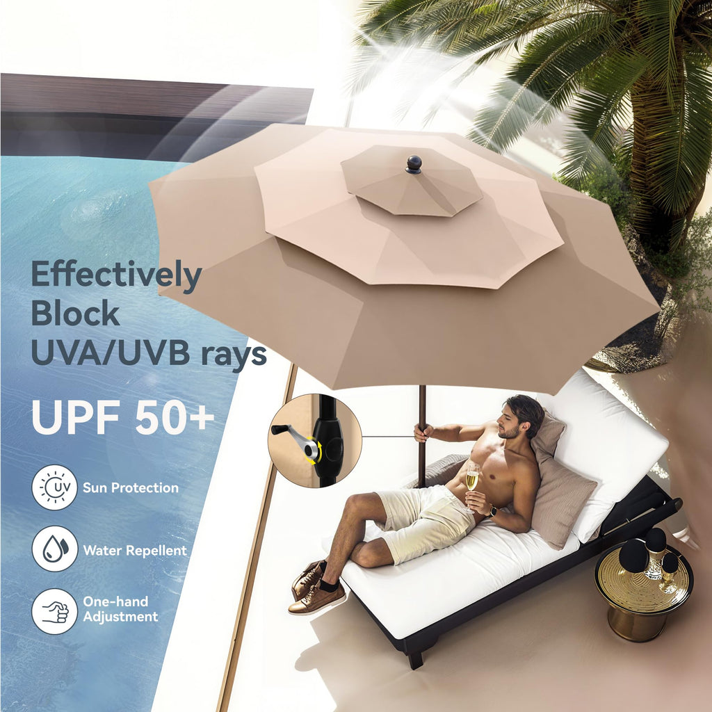 PHI VILLA 10ft Patio Umbrellas, Outdoor 3 Tier Vented Large Market Table Umbrella with 8 Sturdy Ribs and 1.5" Umbrellla Pole for Lawn Poolside Garden Terrace, Beige(No Base)