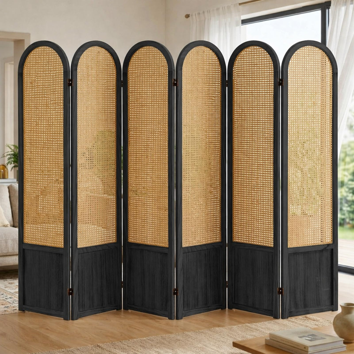 Hand-Woven Rattan Room Divider 3 Panels, 5.9 Ft Tall Wood Room Divider Panel, Partition Screen Divider Wall, Folding Privacy Screen, Wall Divider for Room Separation Home Office - Black
