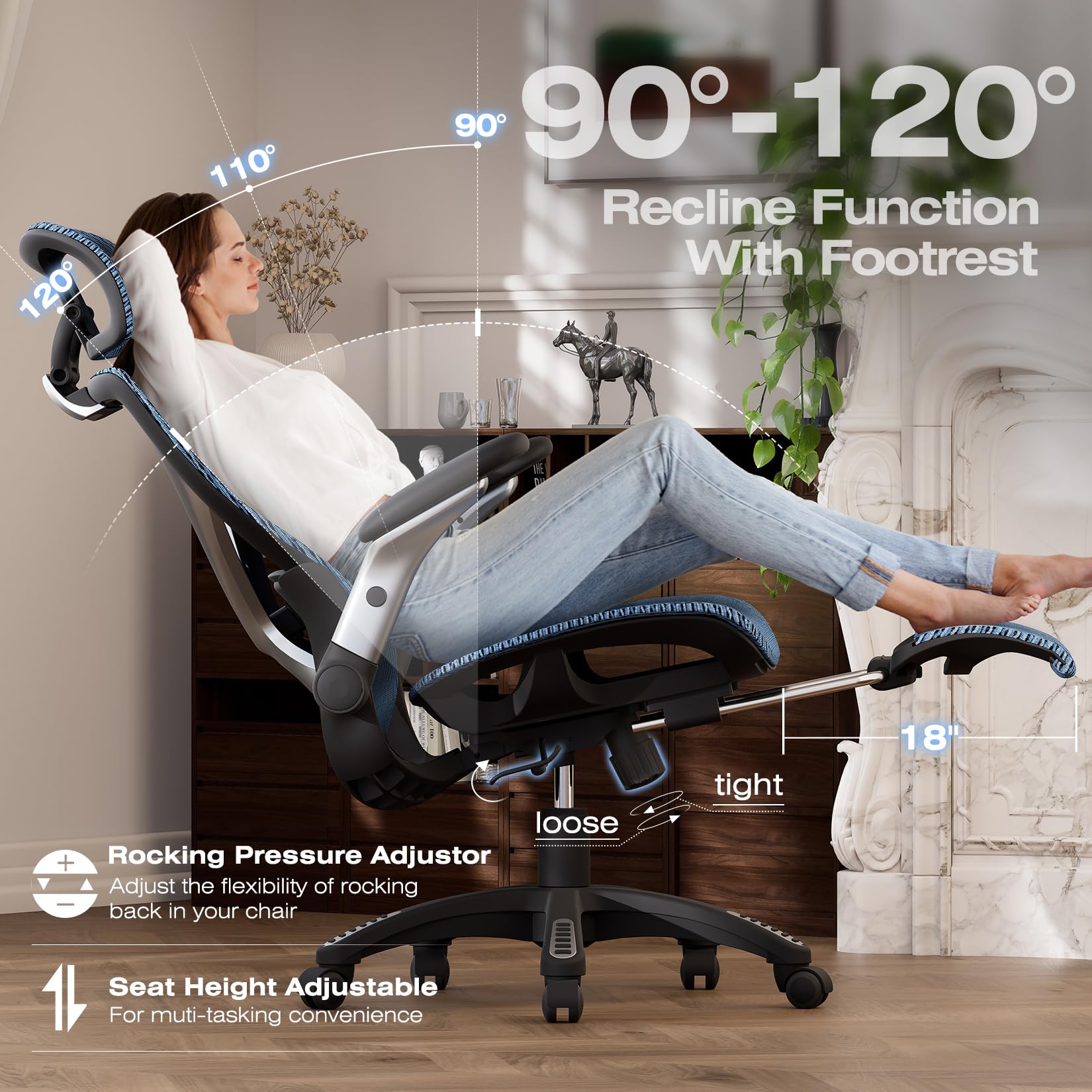 ELABEST X100 Ergonomic Office Chair with Footrest, Big and Tall Home Desk Chair with 5D Flip-Up Arms, Adjustable 3D Lumbar Support,High Back Rolling Computer Chair, Swivel Mesh Chairs (Coffee Break)