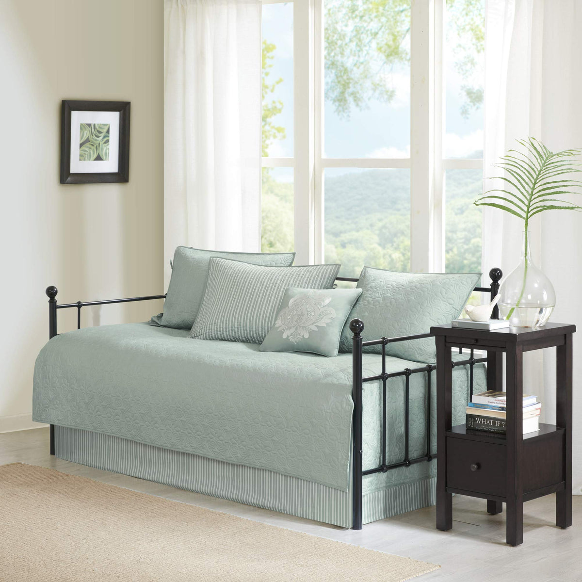 Madison Park Cotton Daybed Cover Set-Double Sided Quilting Classic Cottage Design All Season Bedding with Bedskirt, Matching Shams, Decorative Pillow, 75"x39", Quebec Dark Grey 6 Piece
