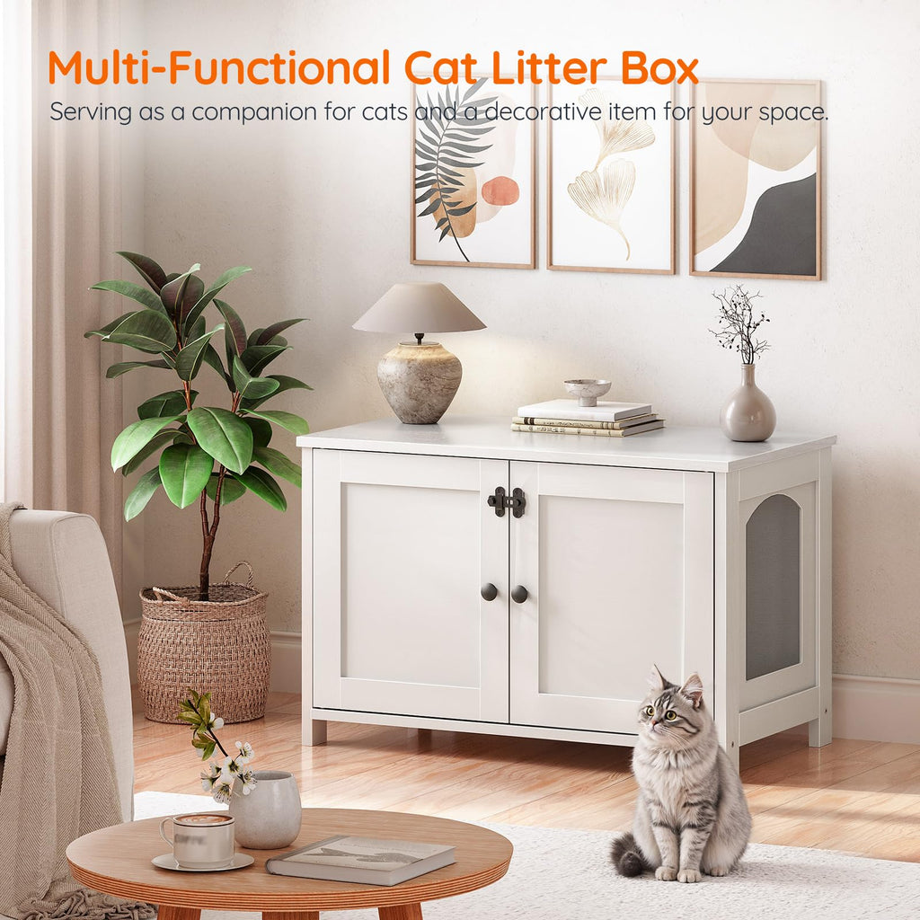 HOOBRO Litter Box Enclosure, Cat Litter Box Furniture with Removable Divider, Large Hidden Litter Box Furniture, Wooden Cat House, End Side Table, 31" L x 17.5" W x 19.7" H, Greige BG03MW01G2