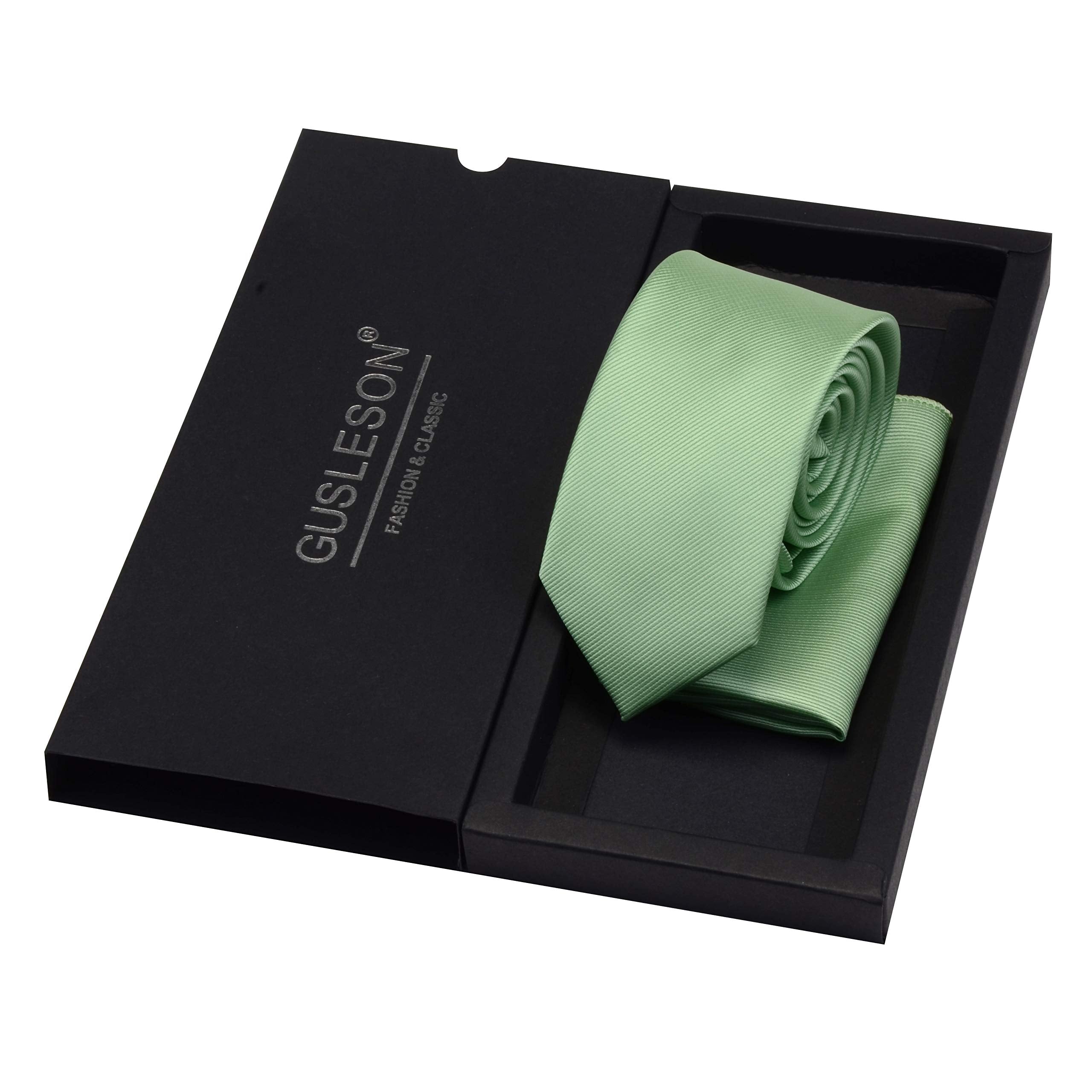 GUSLESON 2.4" Slim Necktie and Handkerchief Set For Men Solid Skinny Tie Set