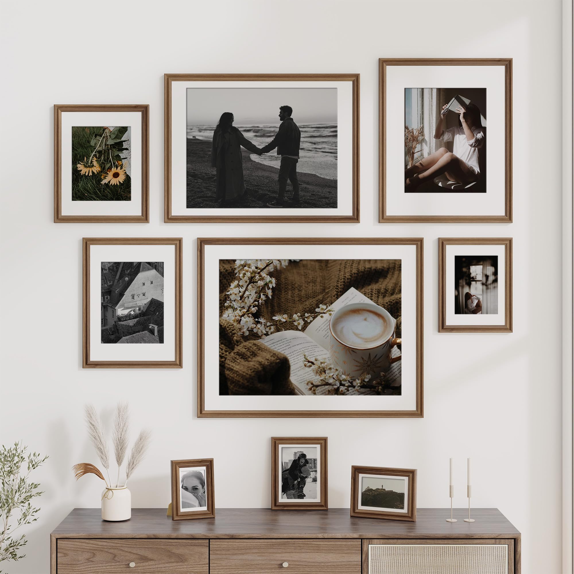 Fun Memories 5x7 Picture Frame with Mat for 4x6 Photo, Solid Elm Wood & Tempered Glass, Rustic Wall & Tabletop Display Frame, Grey, 1 Pack