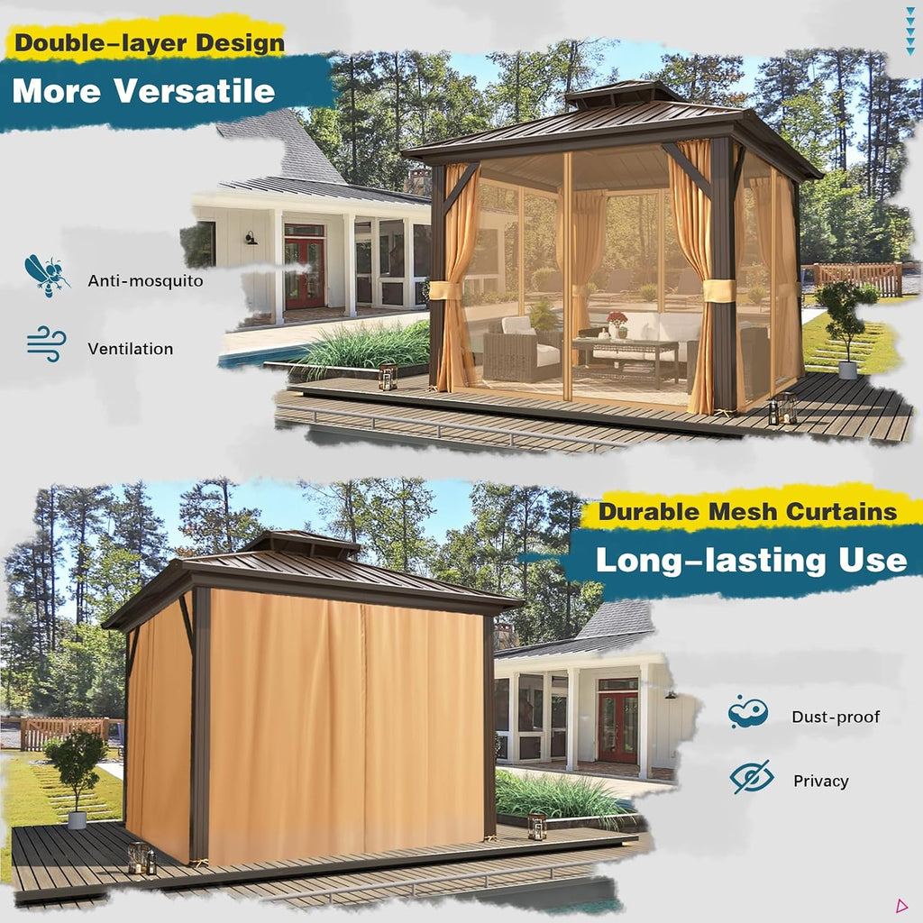MELLCOM 10'x10' Hardtop Gazebo, Metal Double Roof Aluminum Gazebos with Curtain and Netting,Brown Permanent Galvanized Steel Pavilion for Patio, Lawn & Deck