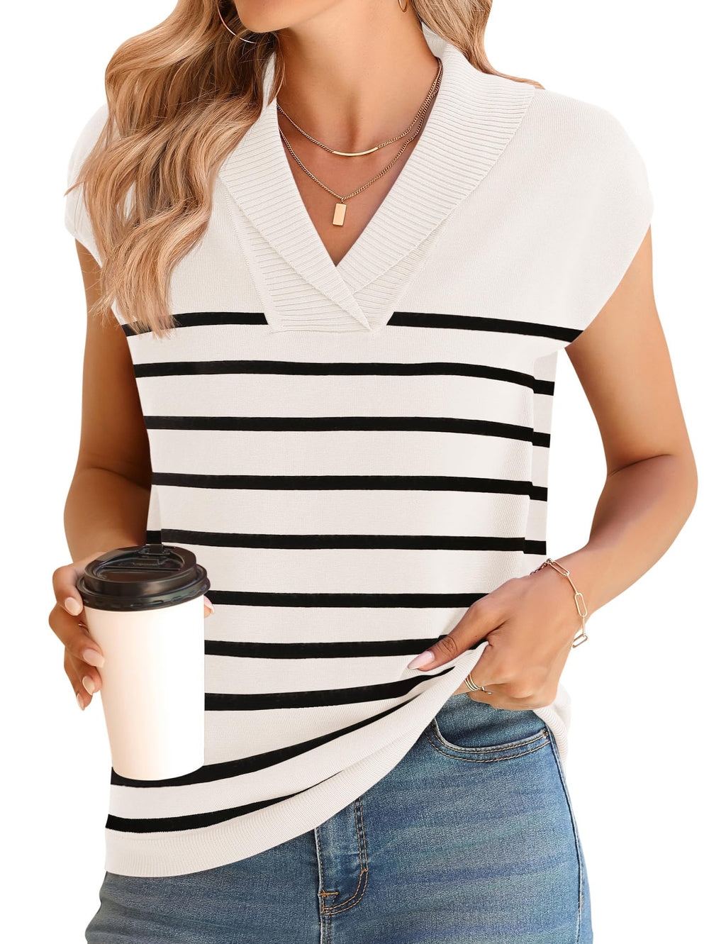 Ivicoer Sweater Vest Women V-Neck Knitted Pullover Short Cap Sleeve Collared Tops Dressy Casual 2025 Summer Fashion Trendy