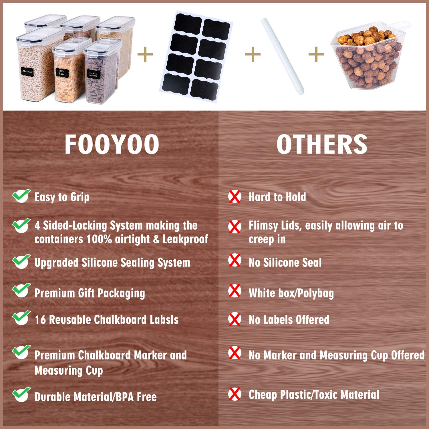 FOOYOO Cereal Containers Storage Set - 3 Piece Airtight Large Dry Cereal Container (135.2oz), BPA Free Dispenser Plastic Cereal Storage Containers with 16 Labels & Pen