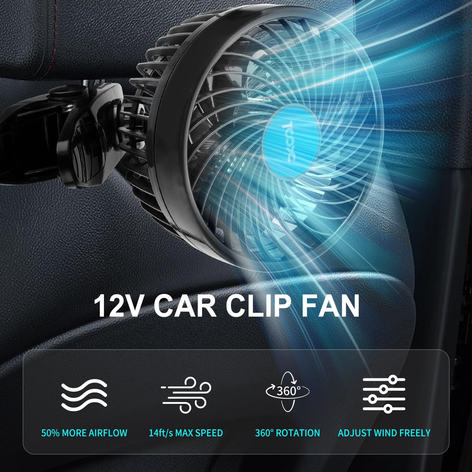 XOOL Clip Car Fan, 9 Inches 12V/24V Fan, 360° Rotatable Electric Cooling Clip on Fan with Stepless Speed Regulation for SUV, RV, Truck