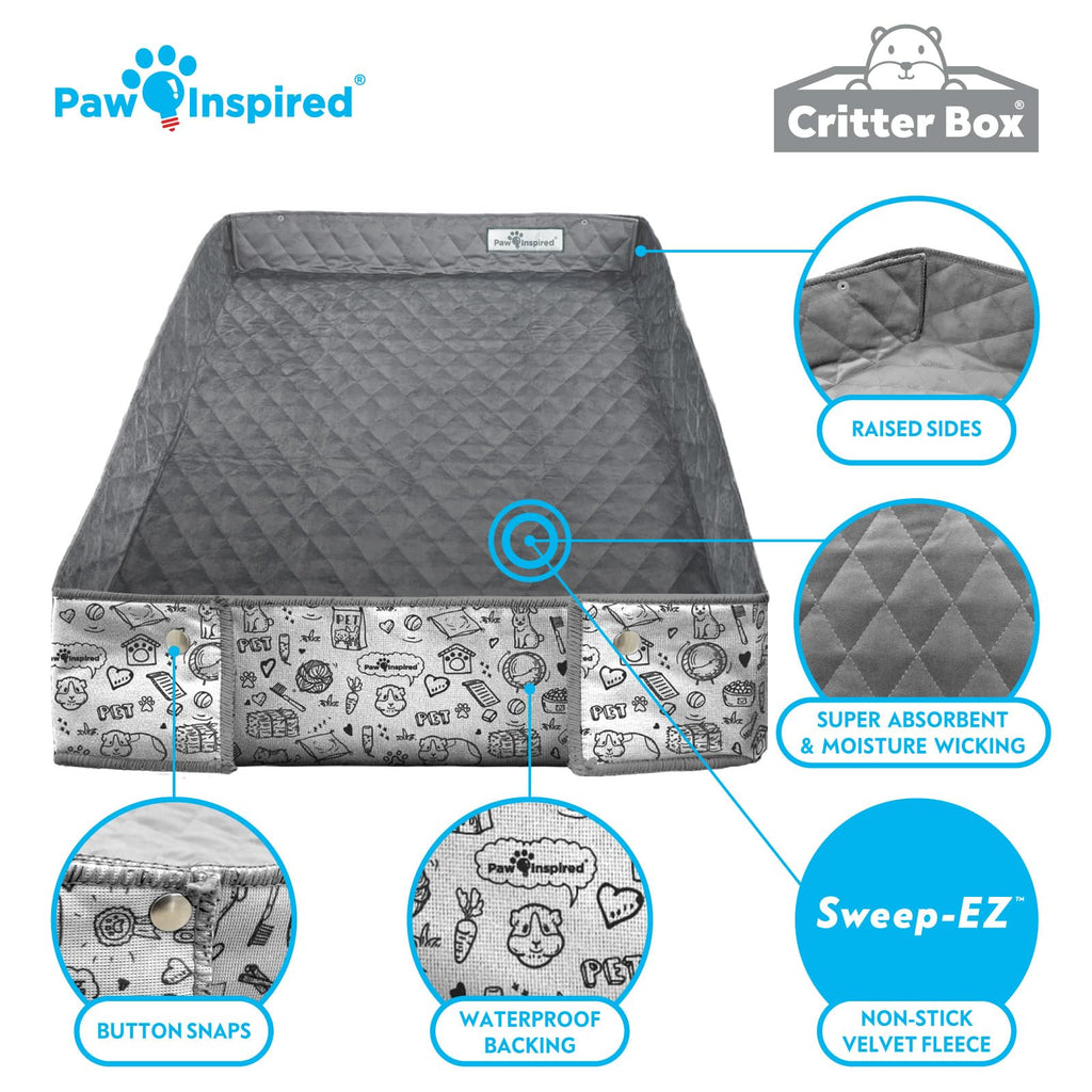Paw Inspired Critter Box Washable Cage Liner with Raised Sides, Fleece Bedding with Waterproof Bottom, Edge Protected Pee Pads for Guinea Pigs, Rabbits, Hamsters, Small Animals (Midwest Size)