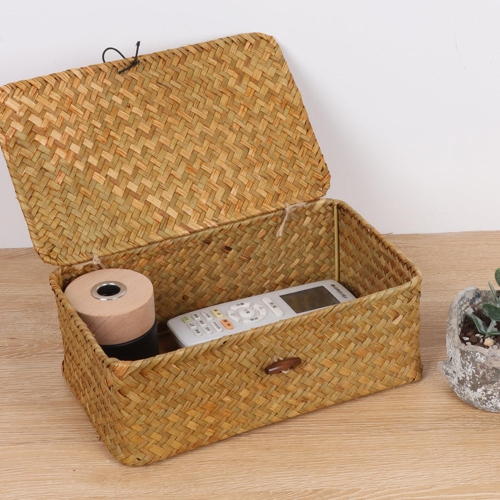 FEIALNDUO Wicker Shelf Baskets with Lid,Seagrass Storage Basket Bins Rectangular Handwoven Basket Boxes for Shelves Desktop Home Organizer (Coffee, X-Small)