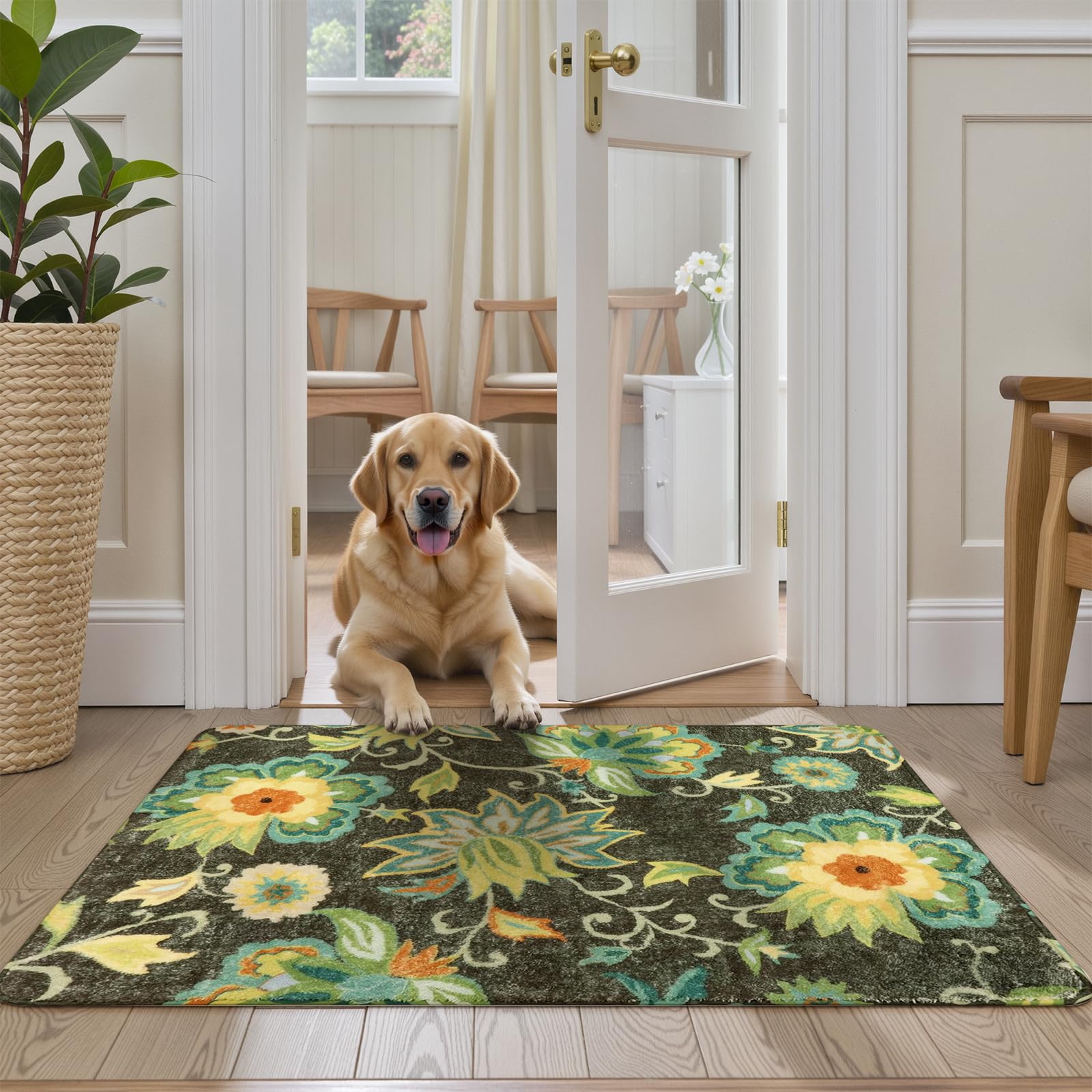 Lahome Floral Washable Area Rugs - 2x3 Non-Slip Small Entryway Rug Indoor, Throw Stain Resistant Kitchen Rugs Soft Black Paisley Print Bathroom Mats DoorMat Carpet for Bedroom Laundry Living Room Sink
