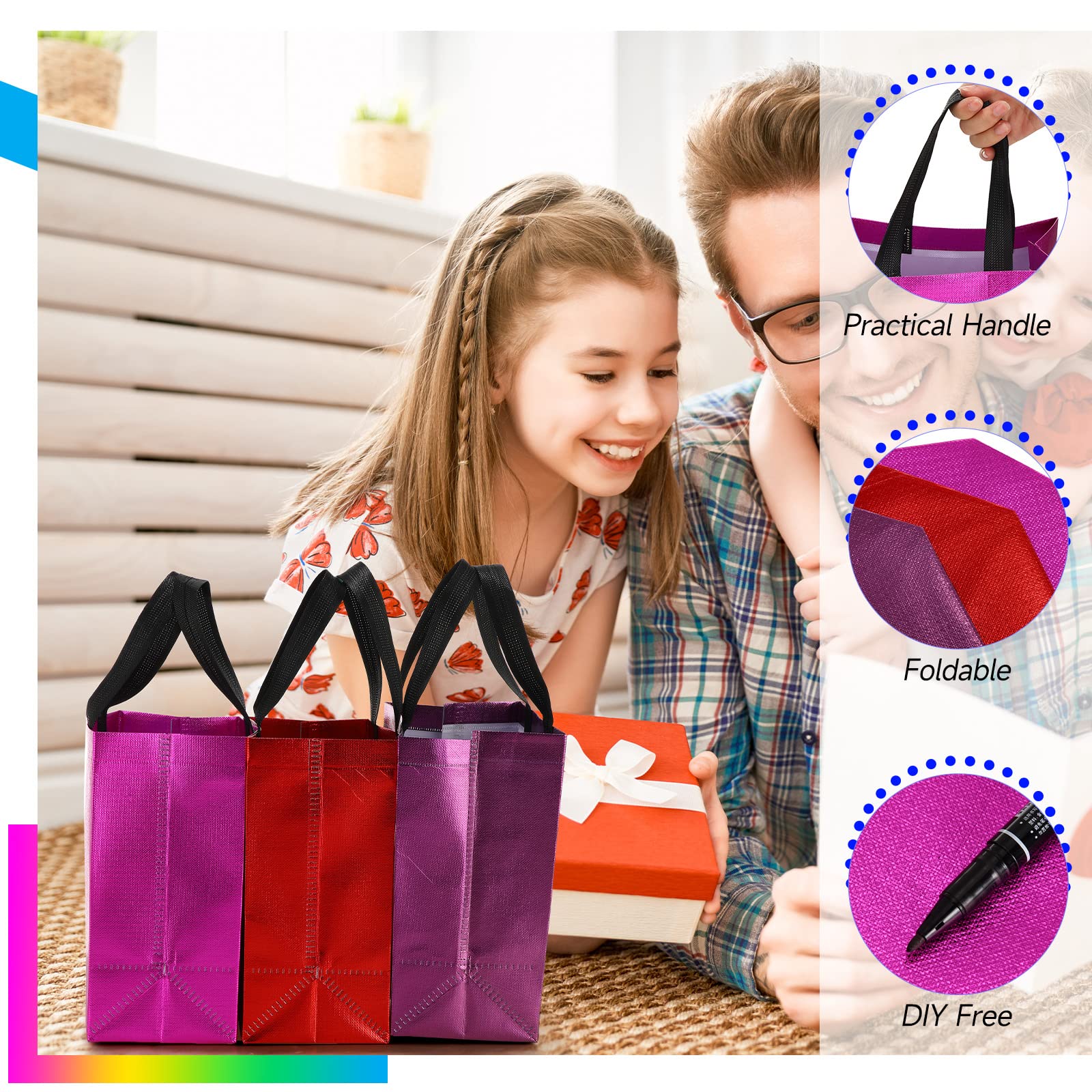 Eccliy 80 Pcs Reusable Gift Bags Set Glossy Grocery Gift Tote Bag with Hadnle for Wedding, Father's Day, Graduation, Summer Event (10 x 8 x 4.7 Inch,Black)