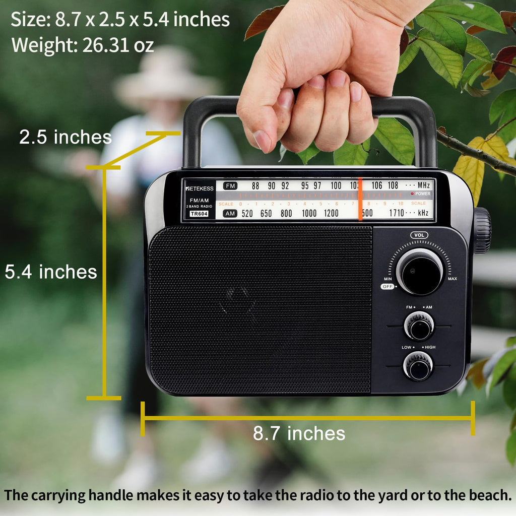 Retekess TR604W AM FM NOAA Radio, Portable Emergency Weather Radios with Best Reception, AC or D Battery Powered, with Clear Dial and Large Knob, Suit for Home (Black)