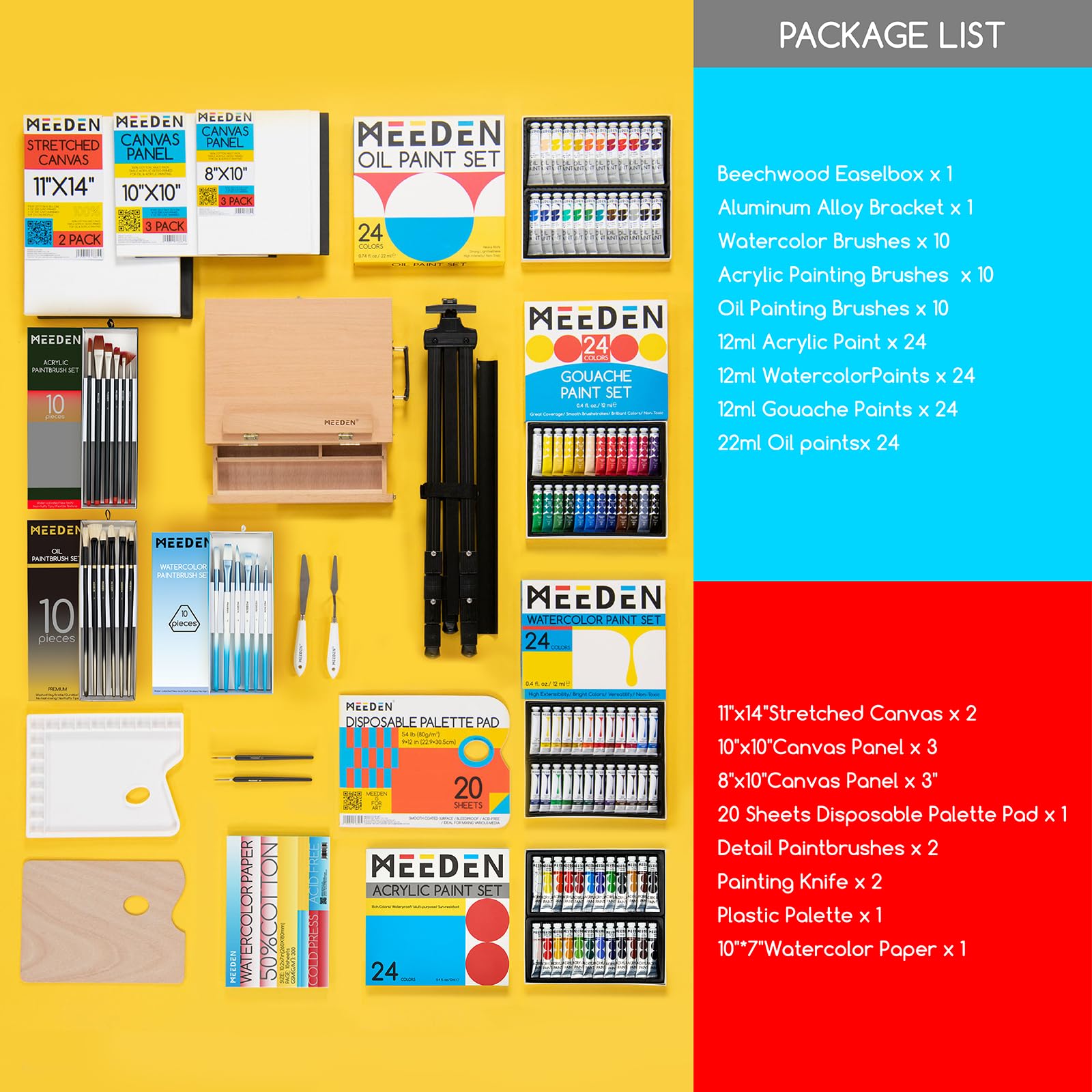 MEEDEN Professional Art Supplies - 142PCS All-in-one Painting Kits for Adults, Beechwood Easel, Aluminum Alloy Bracket, 30 Quality Brushes, 96 Paints & Other Professional Art Supplies.